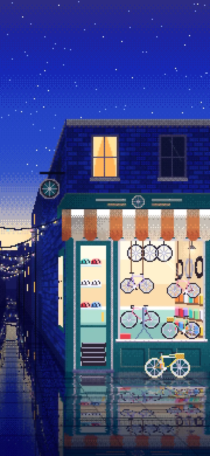 Royal Blue Pixel Art Bicycle Shop wallpaper for iPhone and Android
