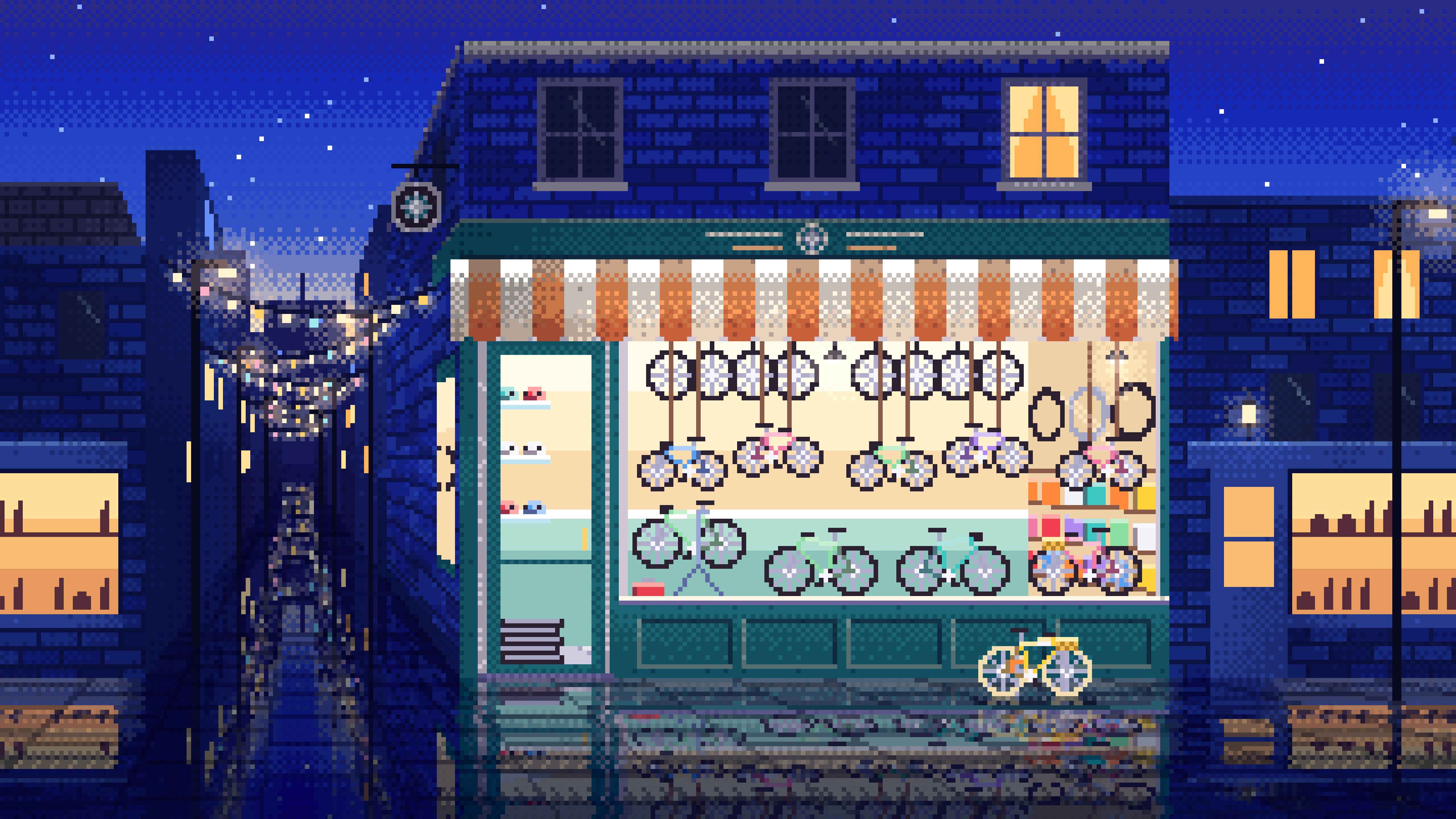 Royal Blue Pixel Art Bicycle Shop desktop wallpaper in 4K