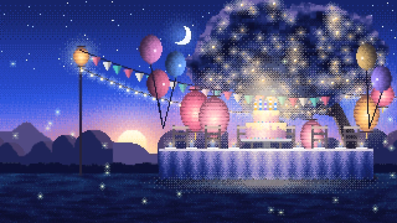 Royal Blue Pixel Art Birthday Garden Party desktop wallpaper in 4K