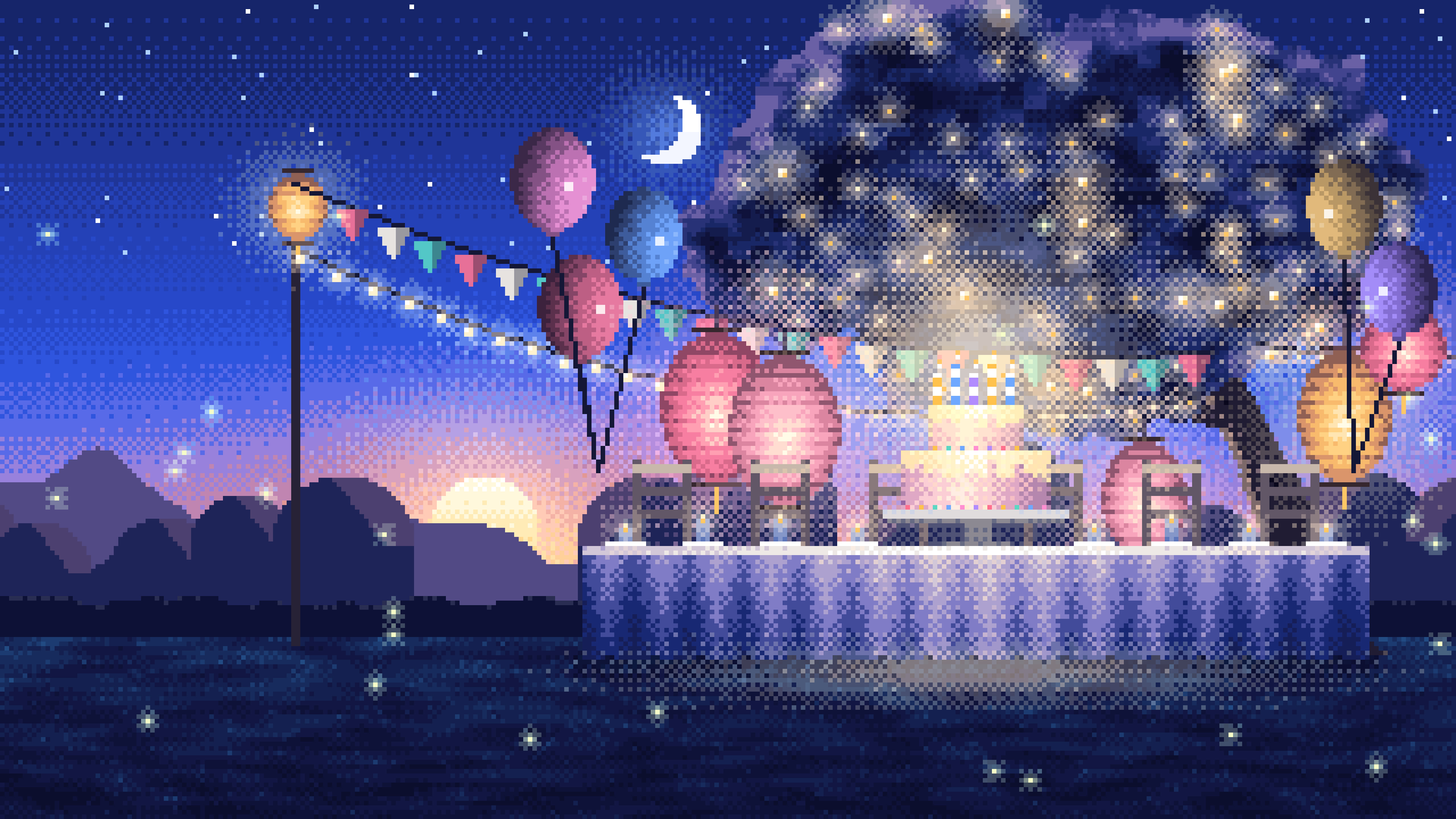 Royal Blue Pixel Art Birthday Garden Party desktop wallpaper in 4K