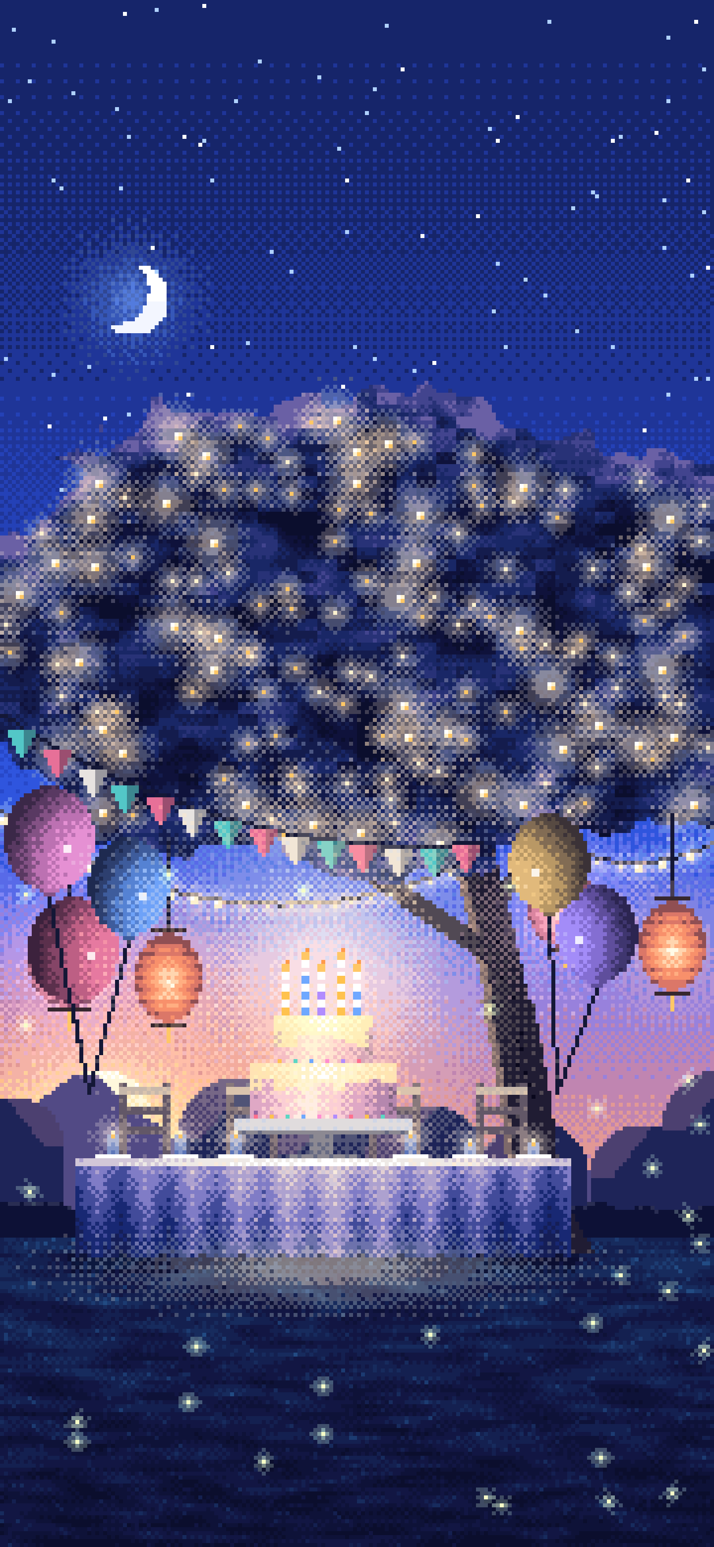 Royal Blue Pixel Art Birthday Garden Party wallpaper for iPhone and Android