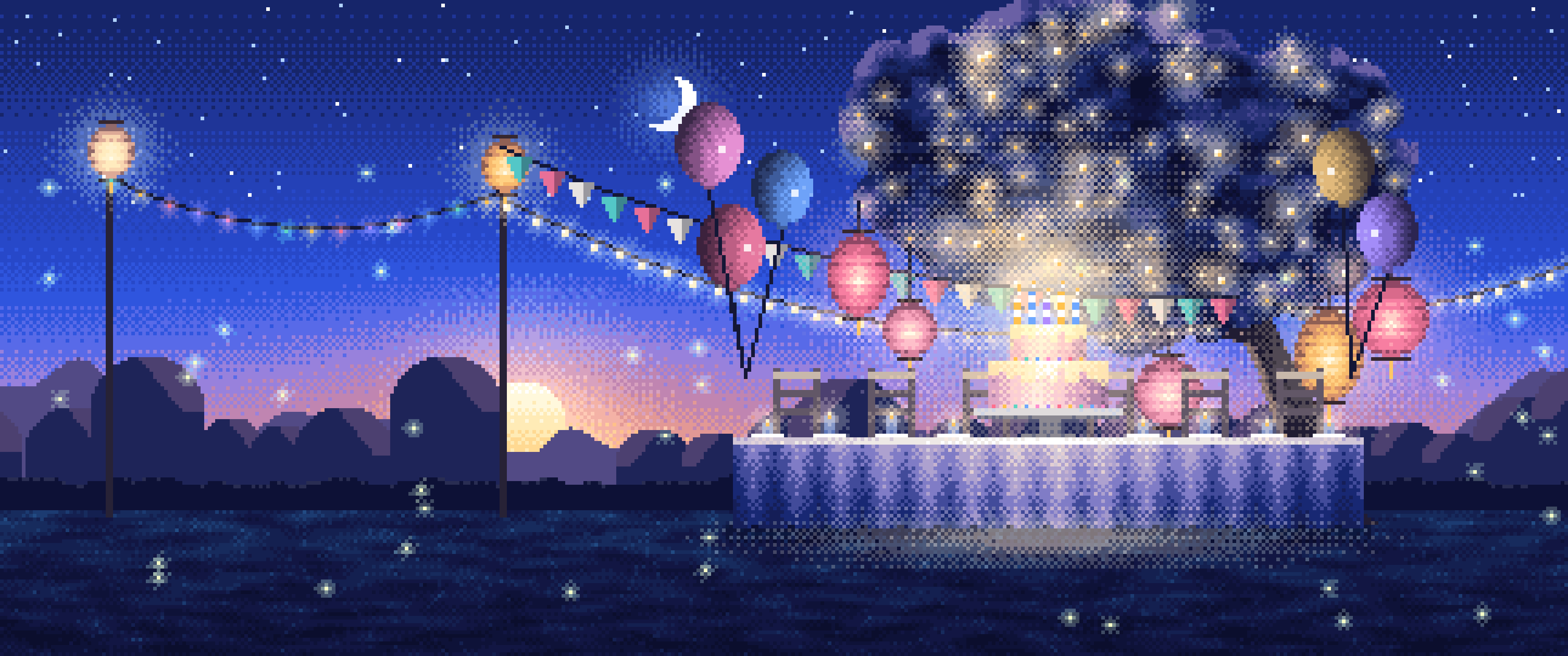 Royal Blue Pixel Art Birthday Garden Party ultrawide wallpaper, 3440 × 1440