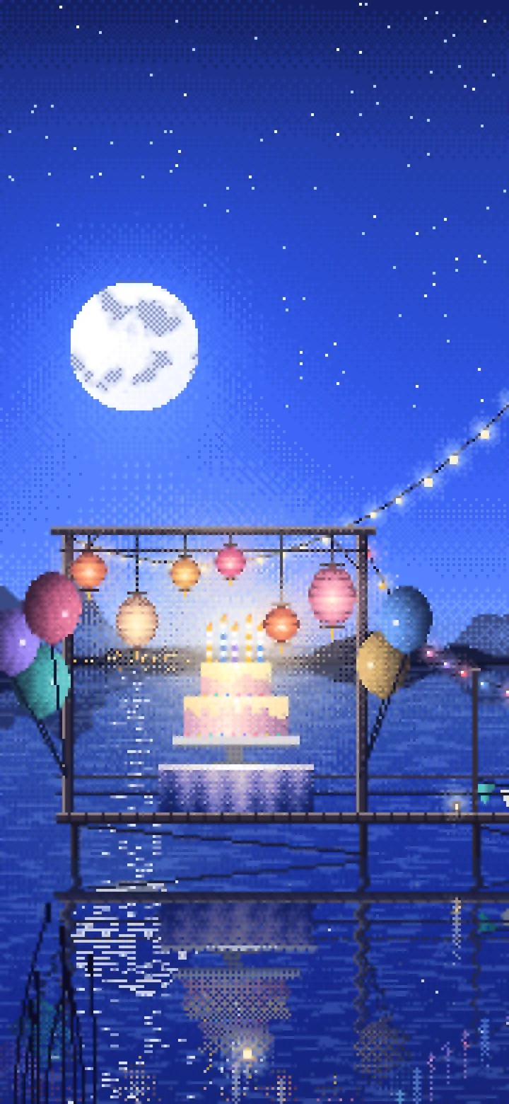 Royal Blue Pixel Art Birthday Party on a Lake wallpaper for iPhone and Android