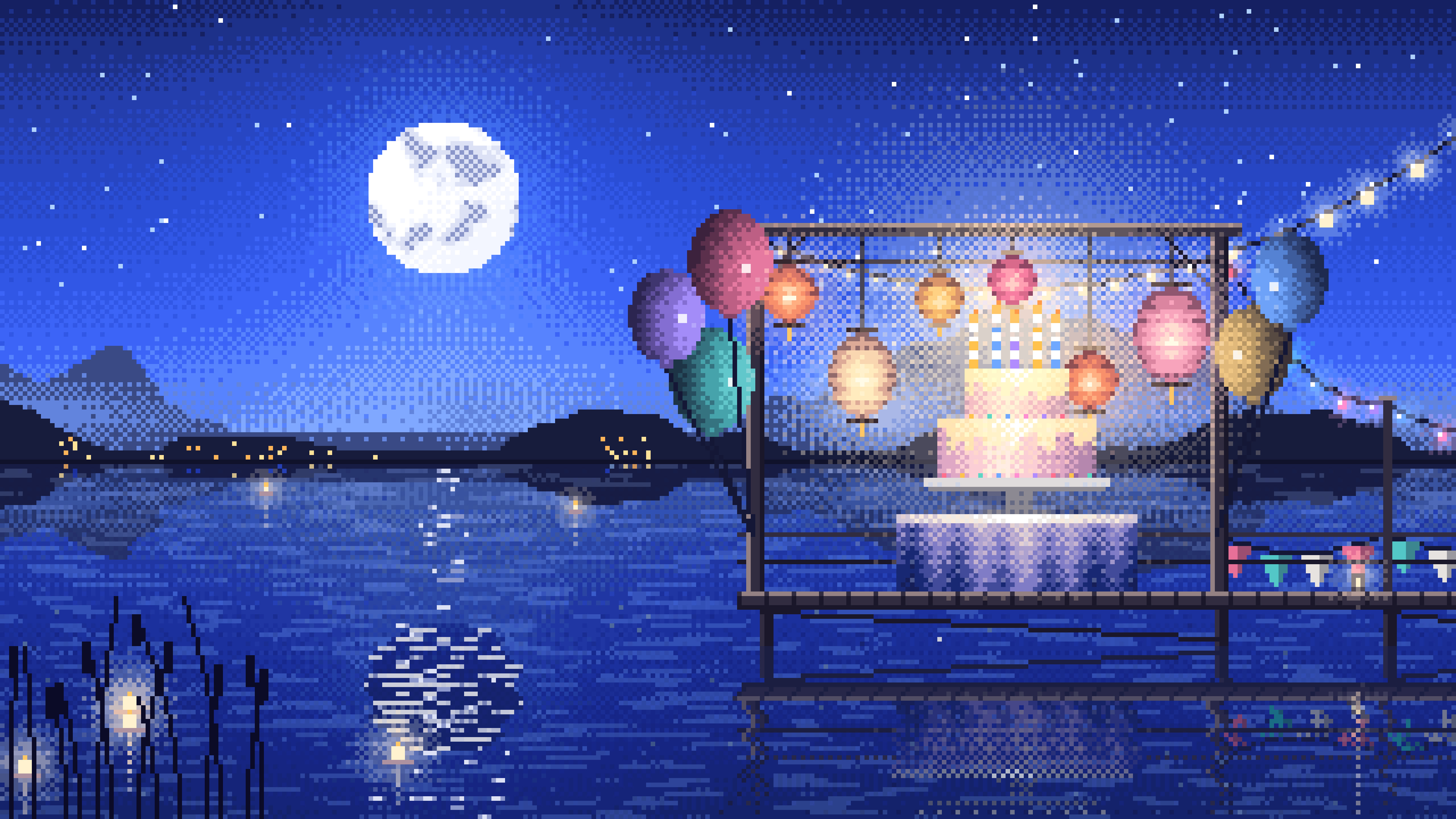 Royal Blue Pixel Art Birthday Party on a Lake desktop wallpaper in 4K