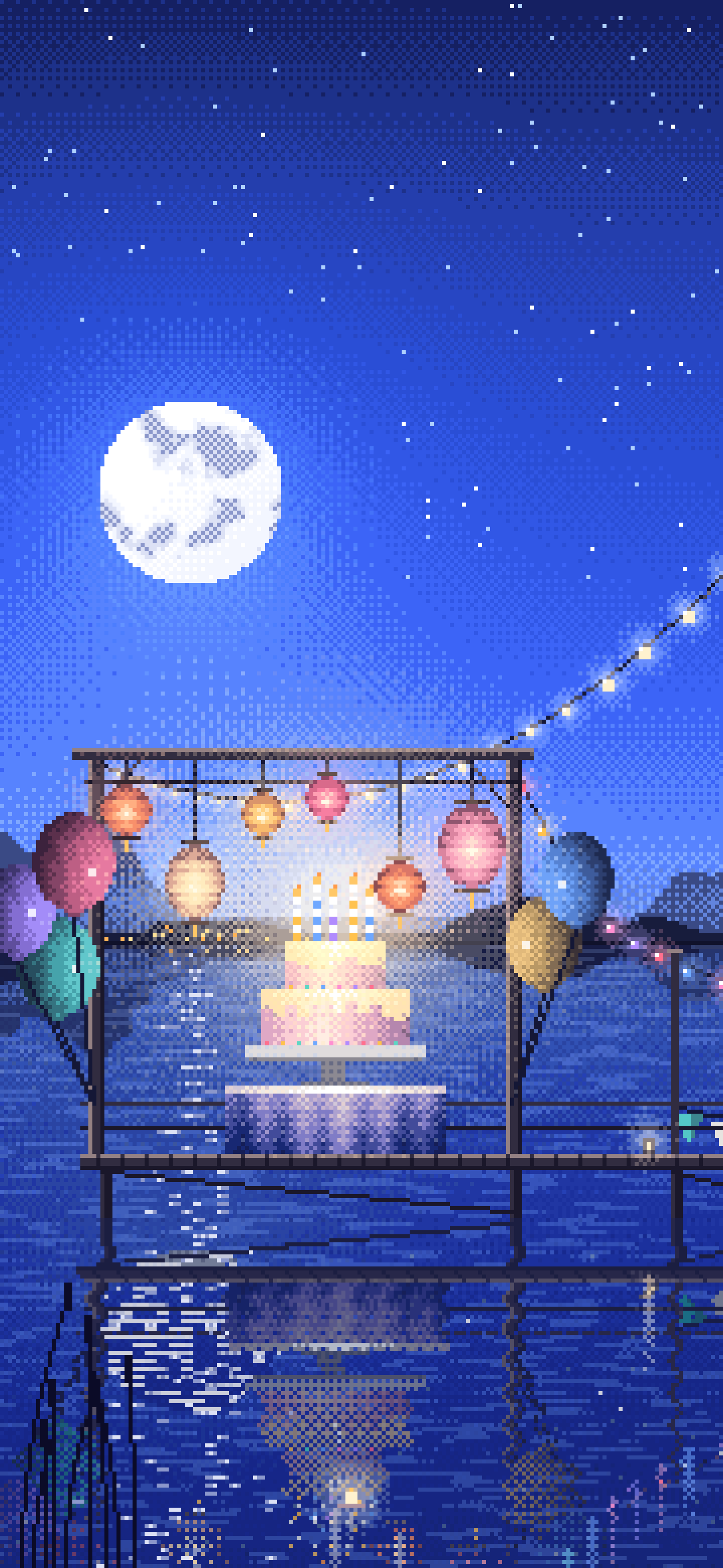 Royal Blue Pixel Art Birthday Party on a Lake wallpaper for iPhone and Android