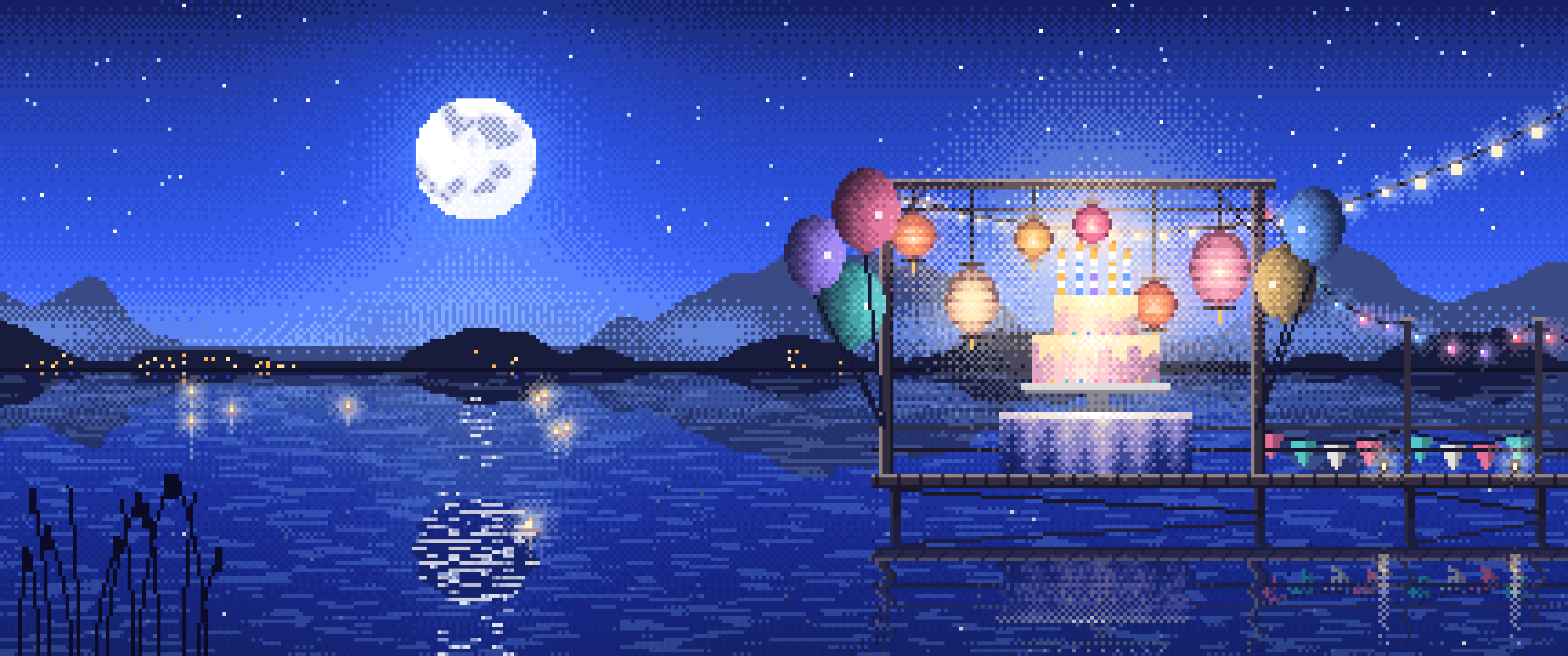 Royal Blue Pixel Art Birthday Party on a Lake ultrawide wallpaper, 3440 × 1440
