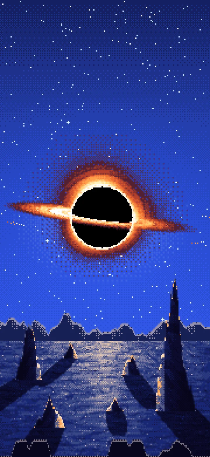 Royal Blue Pixel Art Black Hole Over an Alien World wallpaper for iPhone and Android