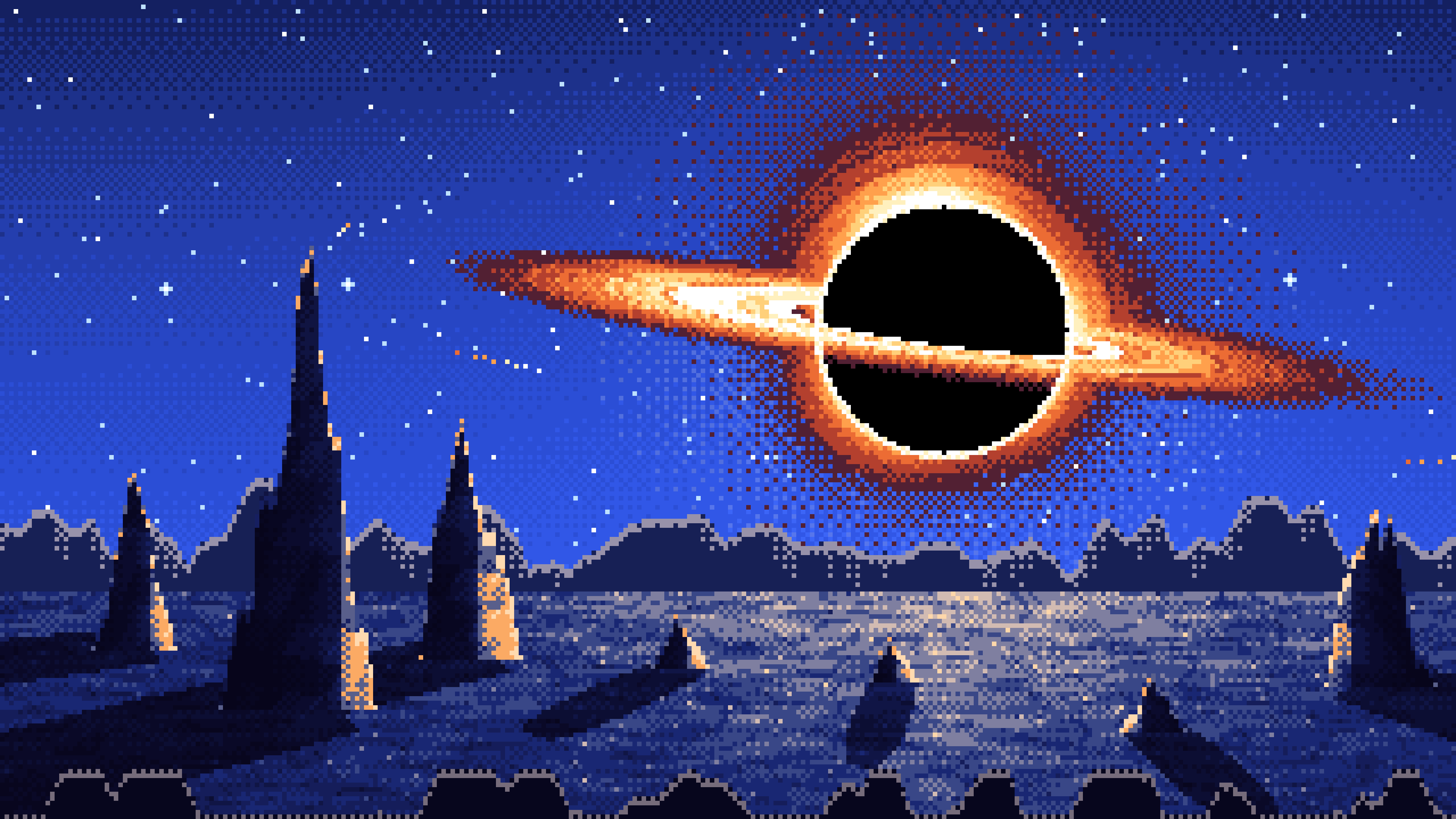 Royal Blue Pixel Art Black Hole Over an Alien World desktop wallpaper in 4K