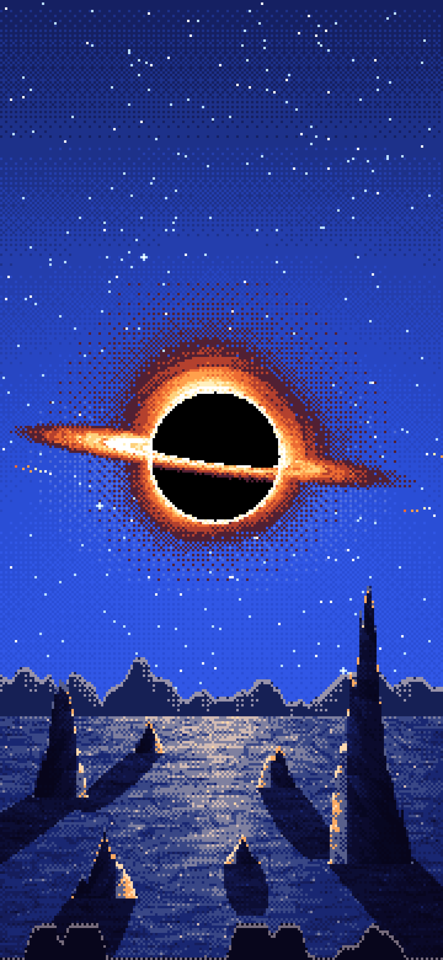Royal Blue Pixel Art Black Hole Over an Alien World wallpaper for iPhone and Android