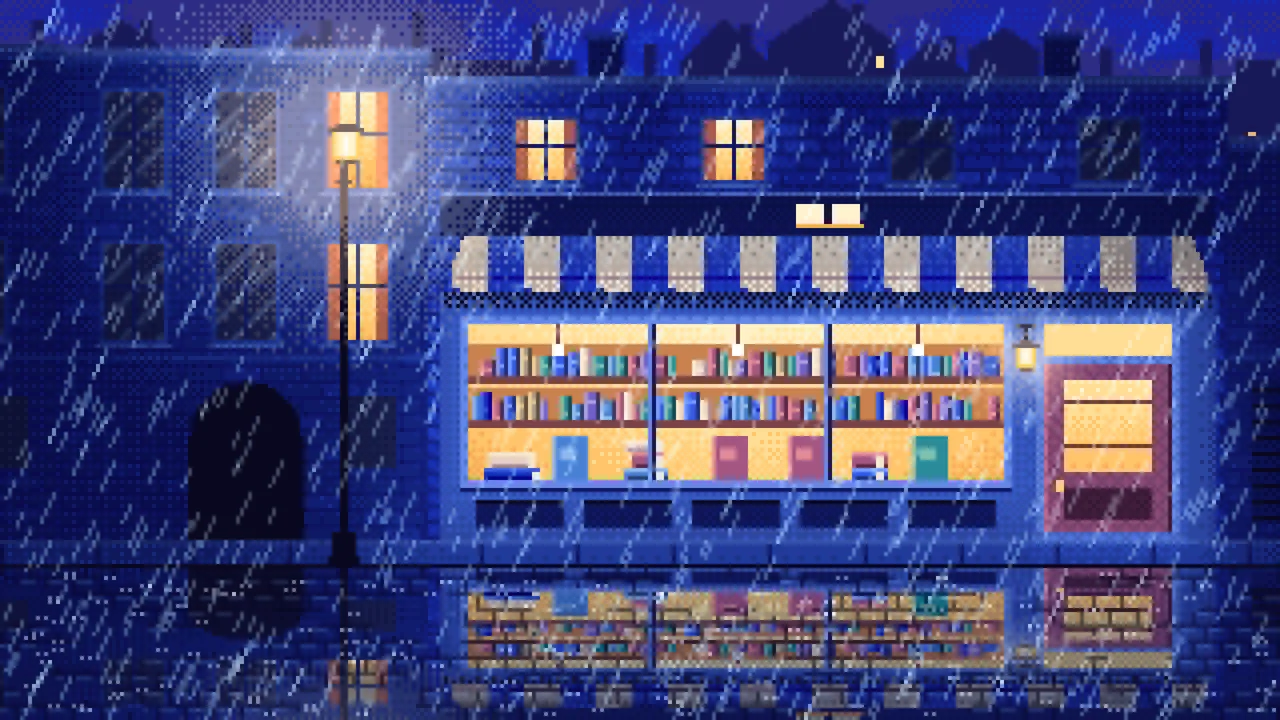 Royal Blue Pixel Art Bookshop at Night in the Rain desktop wallpaper in 4K