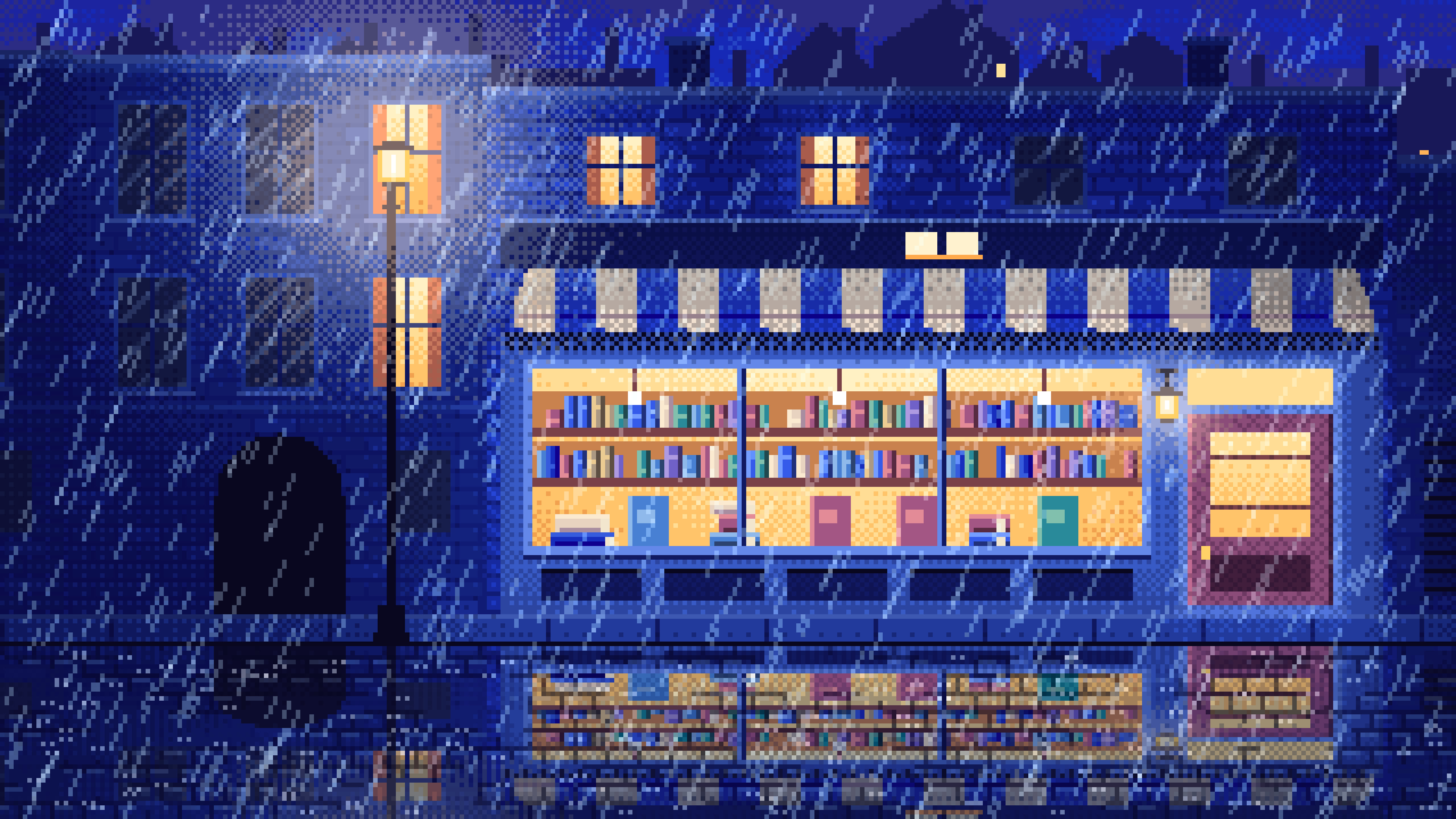 Royal Blue Pixel Art Bookshop at Night in the Rain desktop wallpaper in 4K