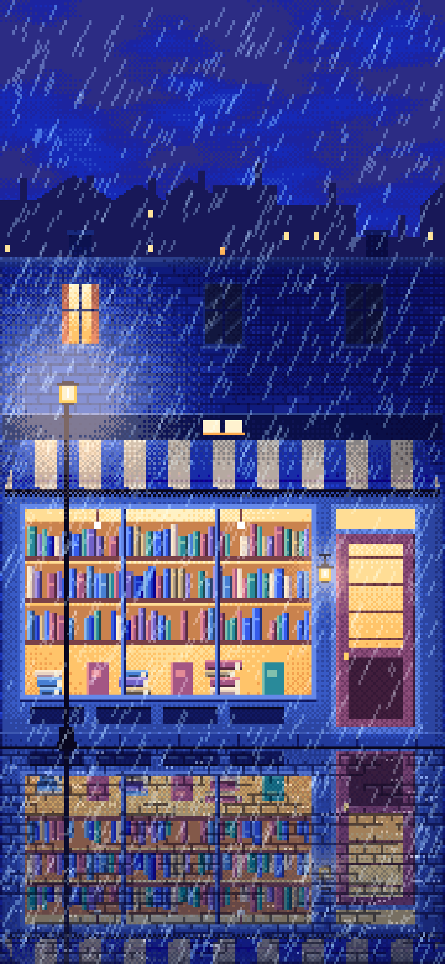 Royal Blue Pixel Art Bookshop at Night in the Rain wallpaper for iPhone and Android