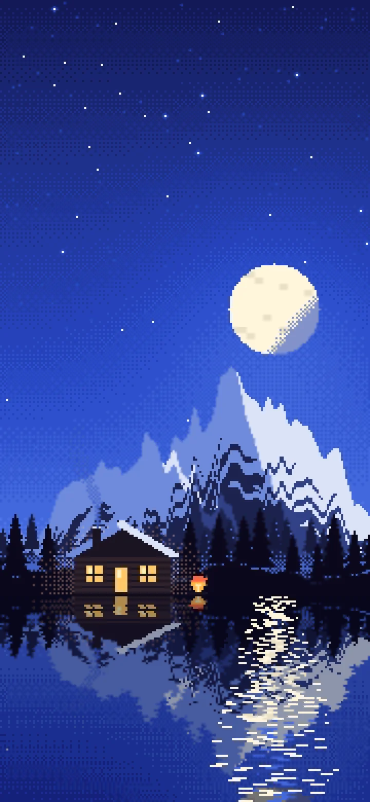 Royal Blue Pixel Art Cabin wallpaper for iPhone and Android