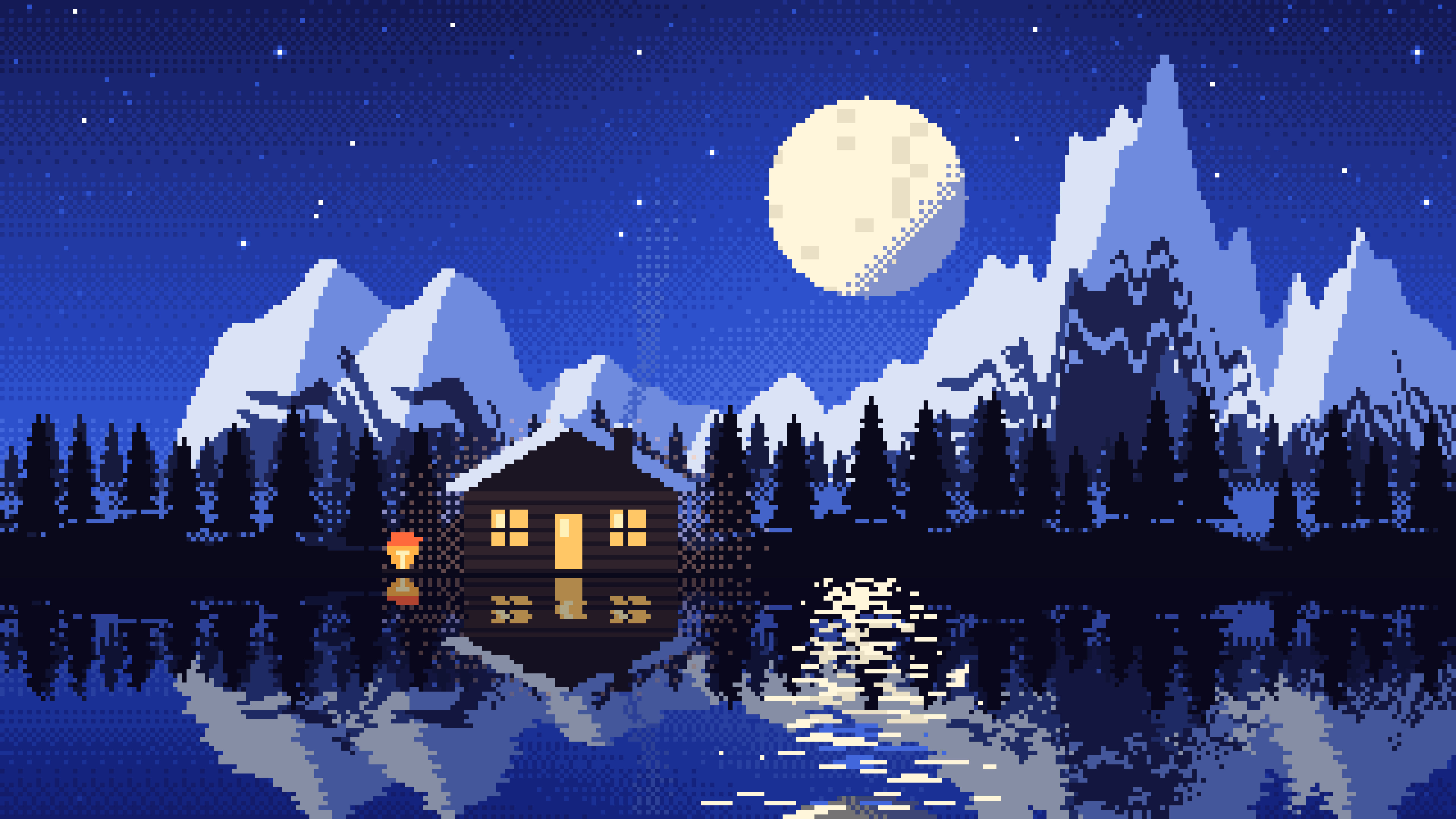 Royal Blue Pixel Art Cabin desktop wallpaper in 4K