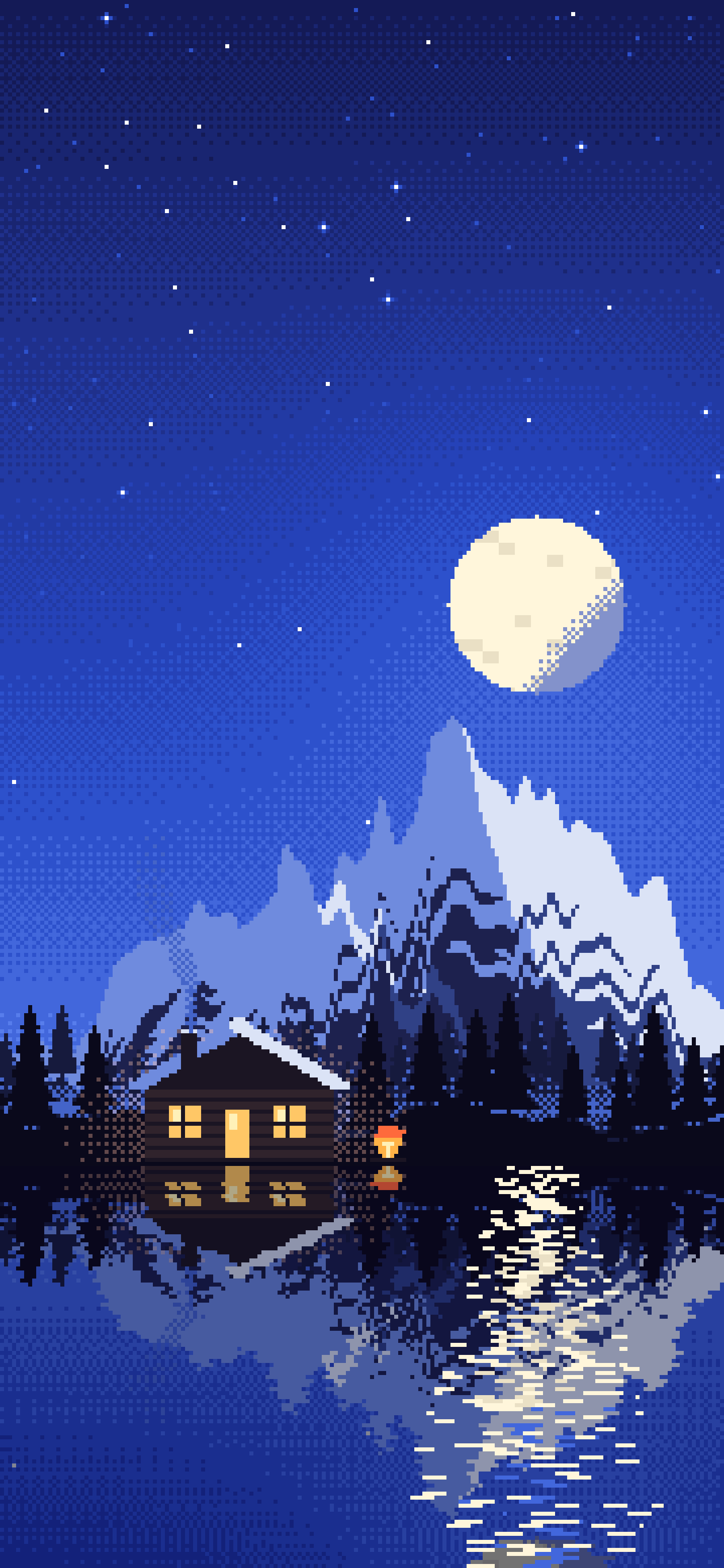 Royal Blue Pixel Art Cabin wallpaper for iPhone and Android