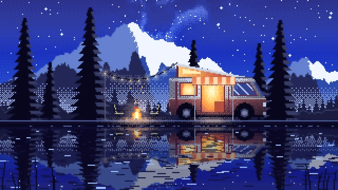 Royal Blue Pixel Art Camper Van Camping by a Lake at Night desktop wallpaper in 4K