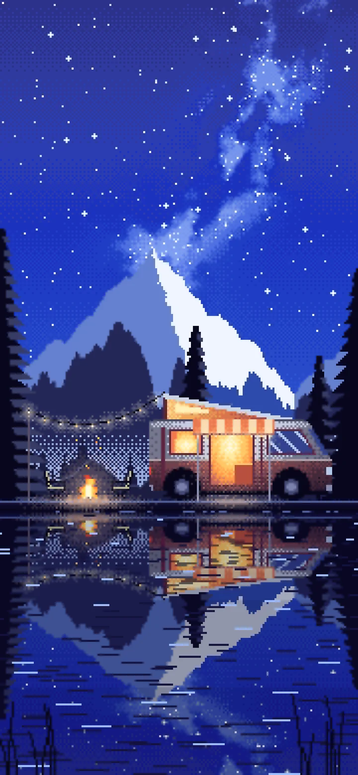 Royal Blue Pixel Art Camper Van Camping by a Lake at Night wallpaper for iPhone and Android