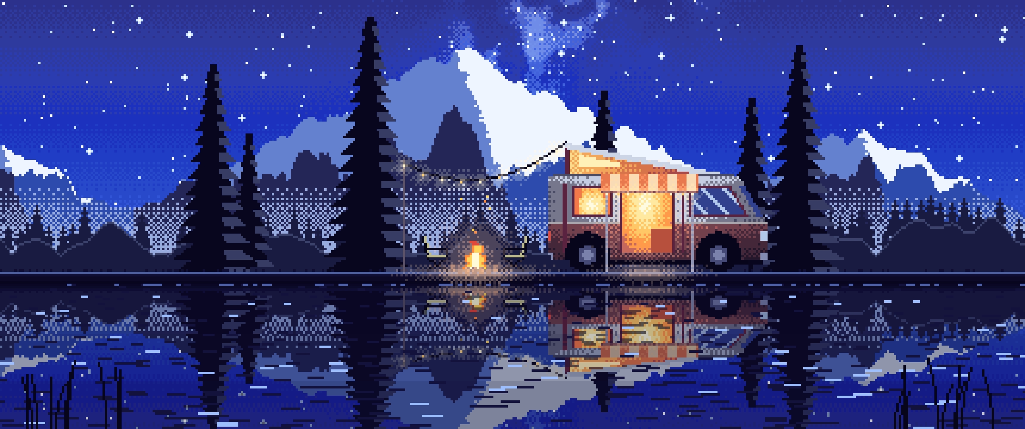 Royal Blue Pixel Art Camper Van Camping by a Lake at Night ultrawide wallpaper, 3440 × 1440