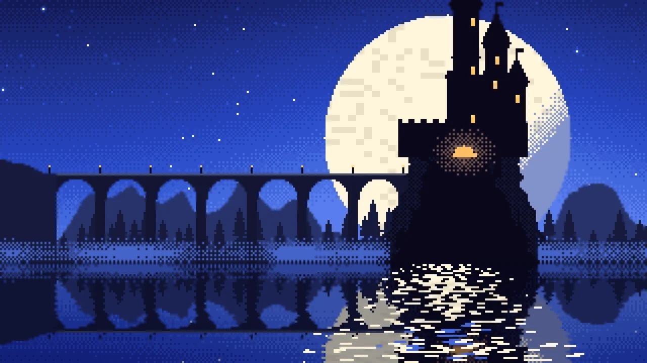 Royal Blue Pixel Art Castle desktop wallpaper in 4K