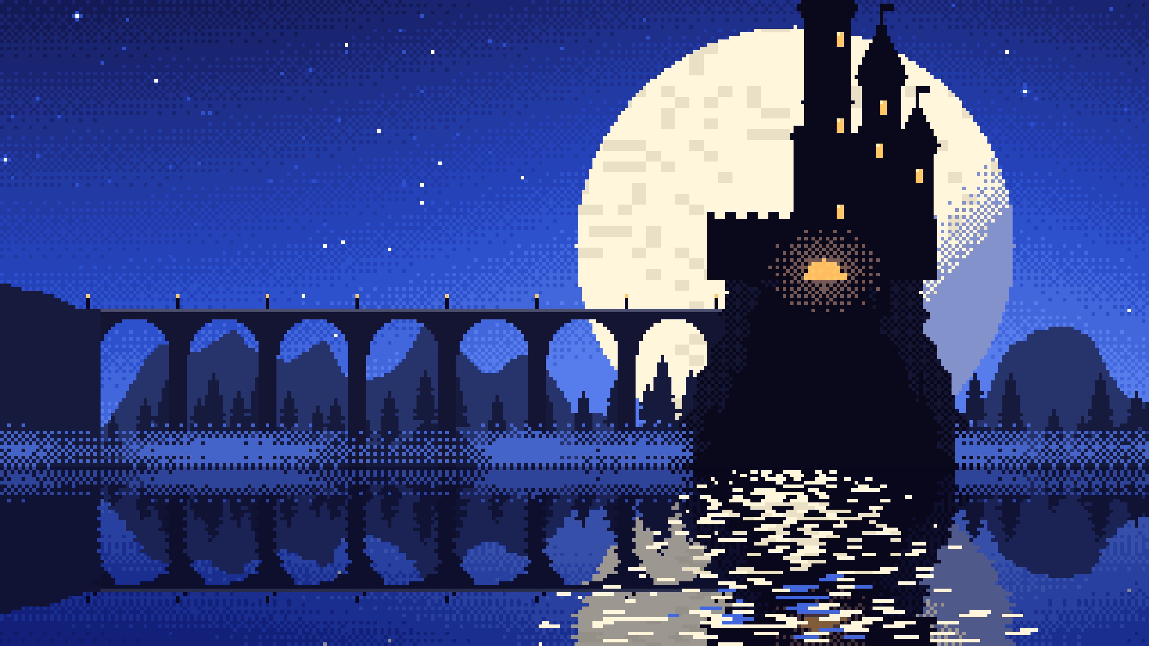 Royal Blue Pixel Art Castle desktop wallpaper in 4K
