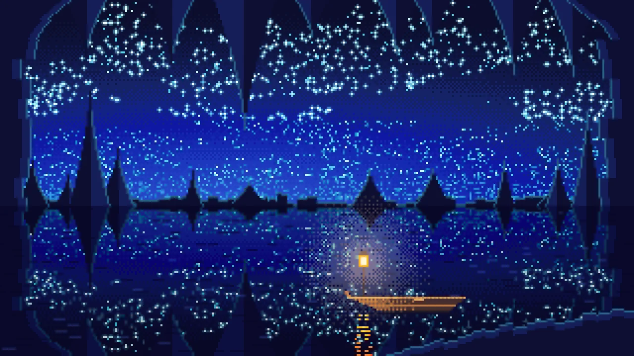 Royal Blue Pixel Art Cave Lake desktop wallpaper in 4K