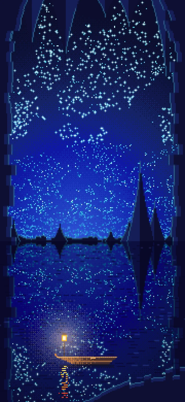Royal Blue Pixel Art Cave Lake wallpaper for iPhone and Android