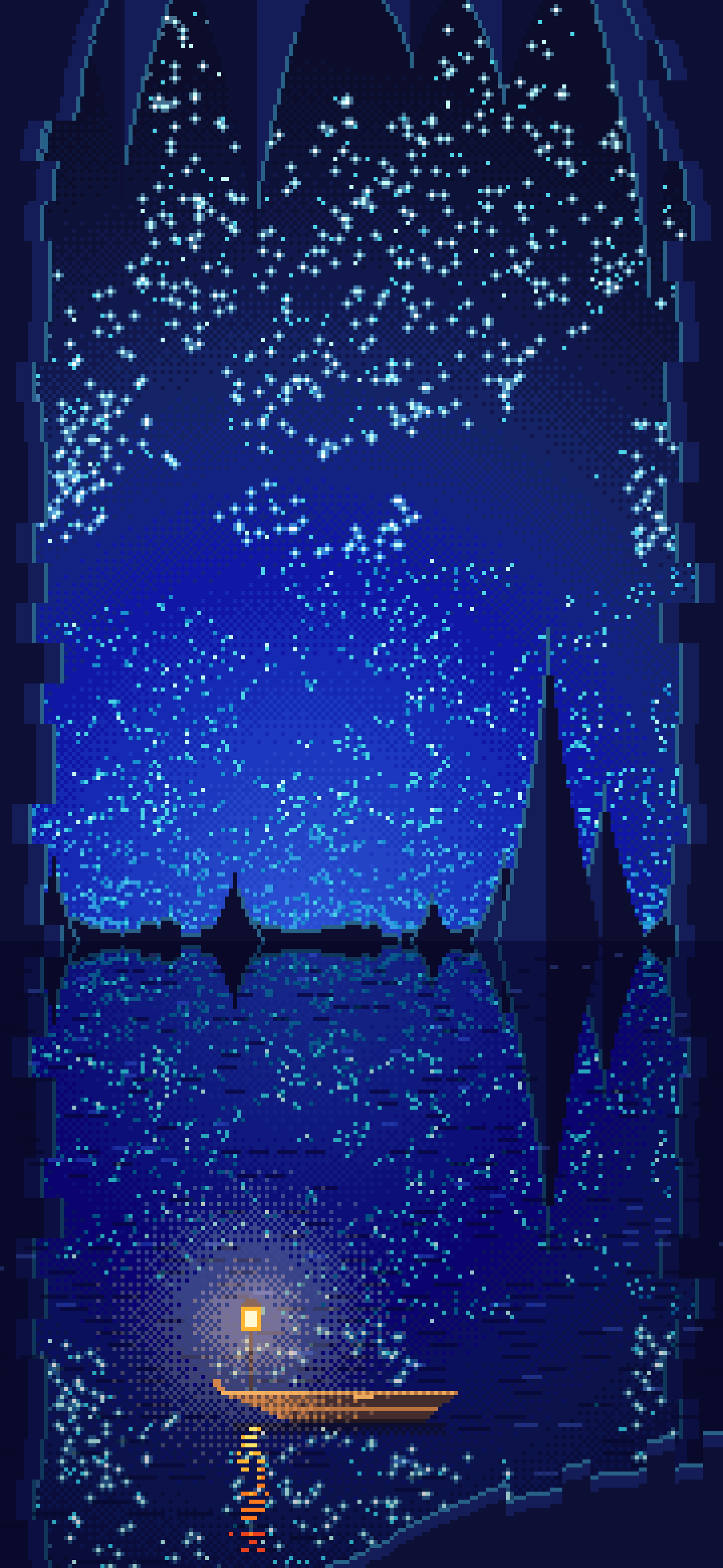 Royal Blue Pixel Art Cave Lake wallpaper for iPhone and Android