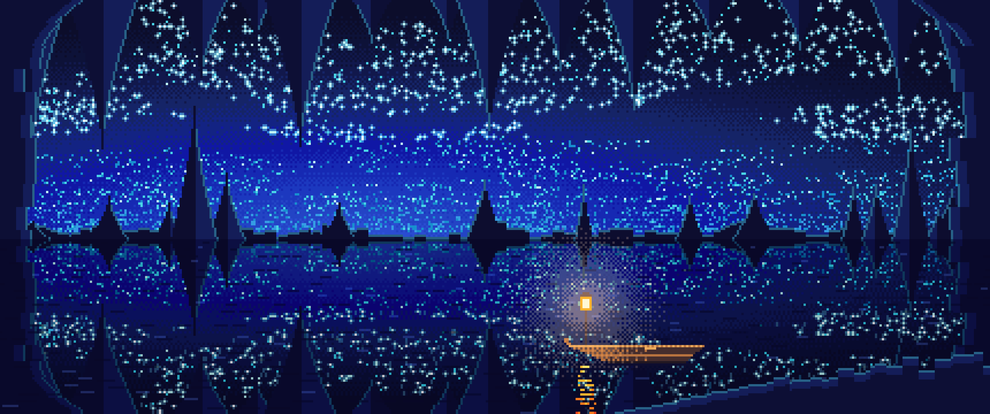 Royal Blue Pixel Art Cave Lake ultrawide wallpaper, 3440 × 1440