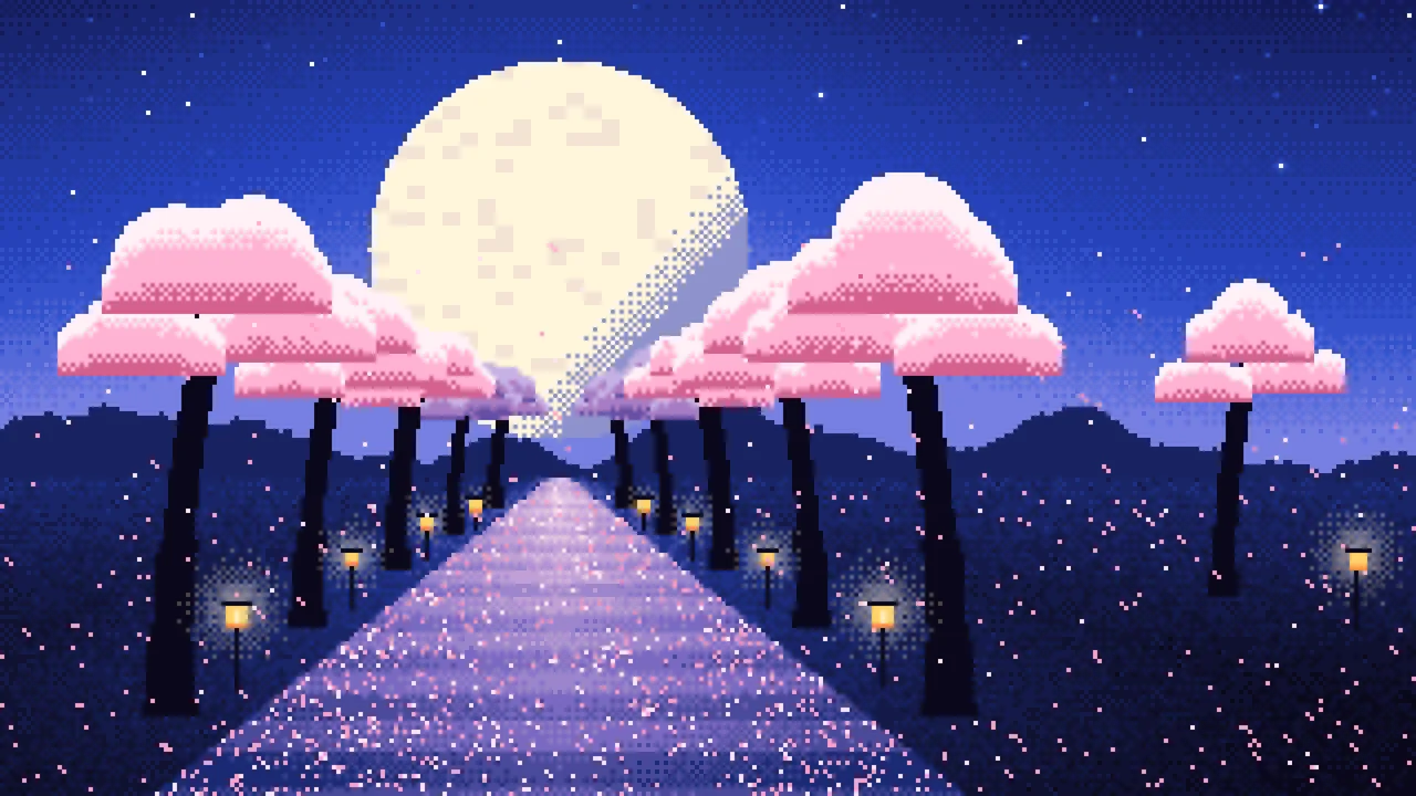 Royal Blue Pixel Art Cherry Blossom Path desktop wallpaper in 4K