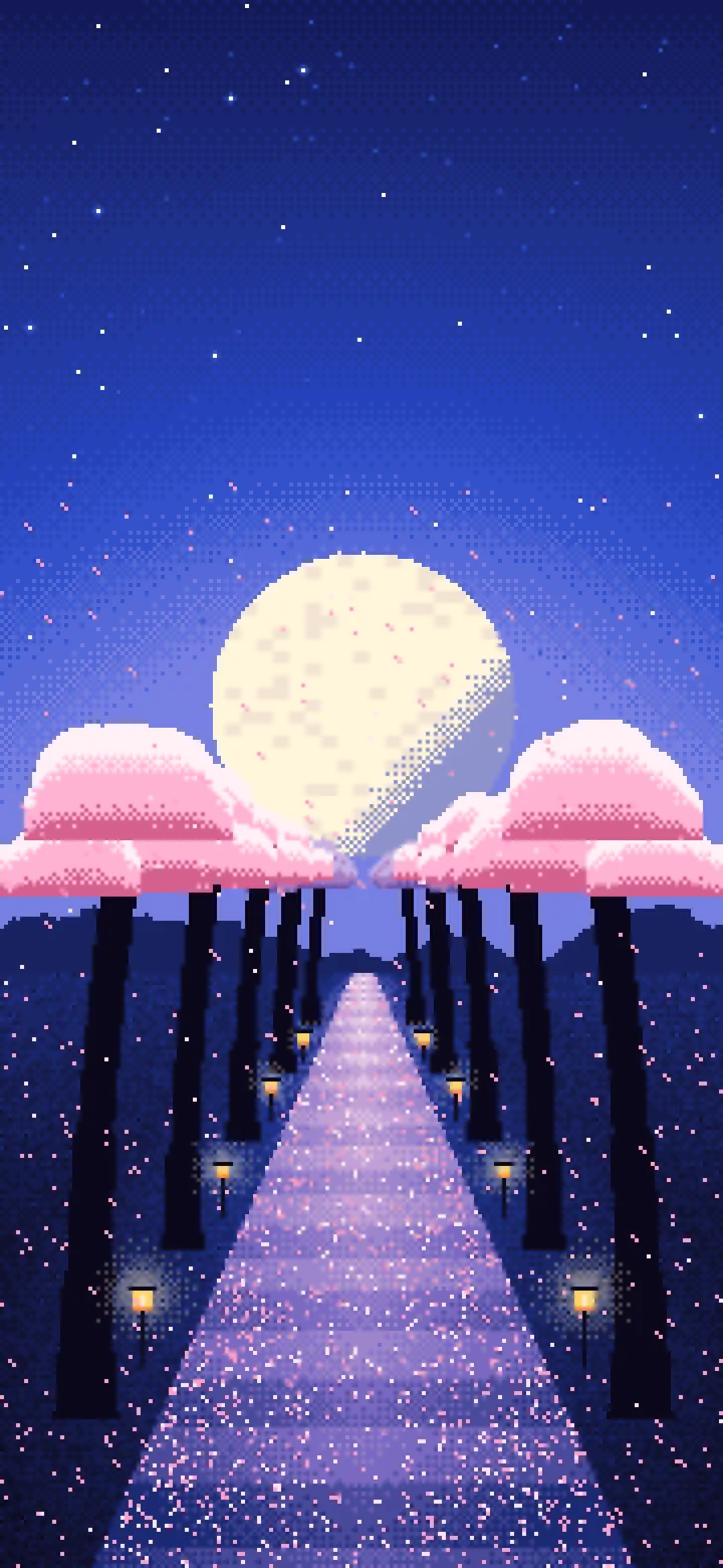 Royal Blue Pixel Art Cherry Blossom Path wallpaper for iPhone and Android