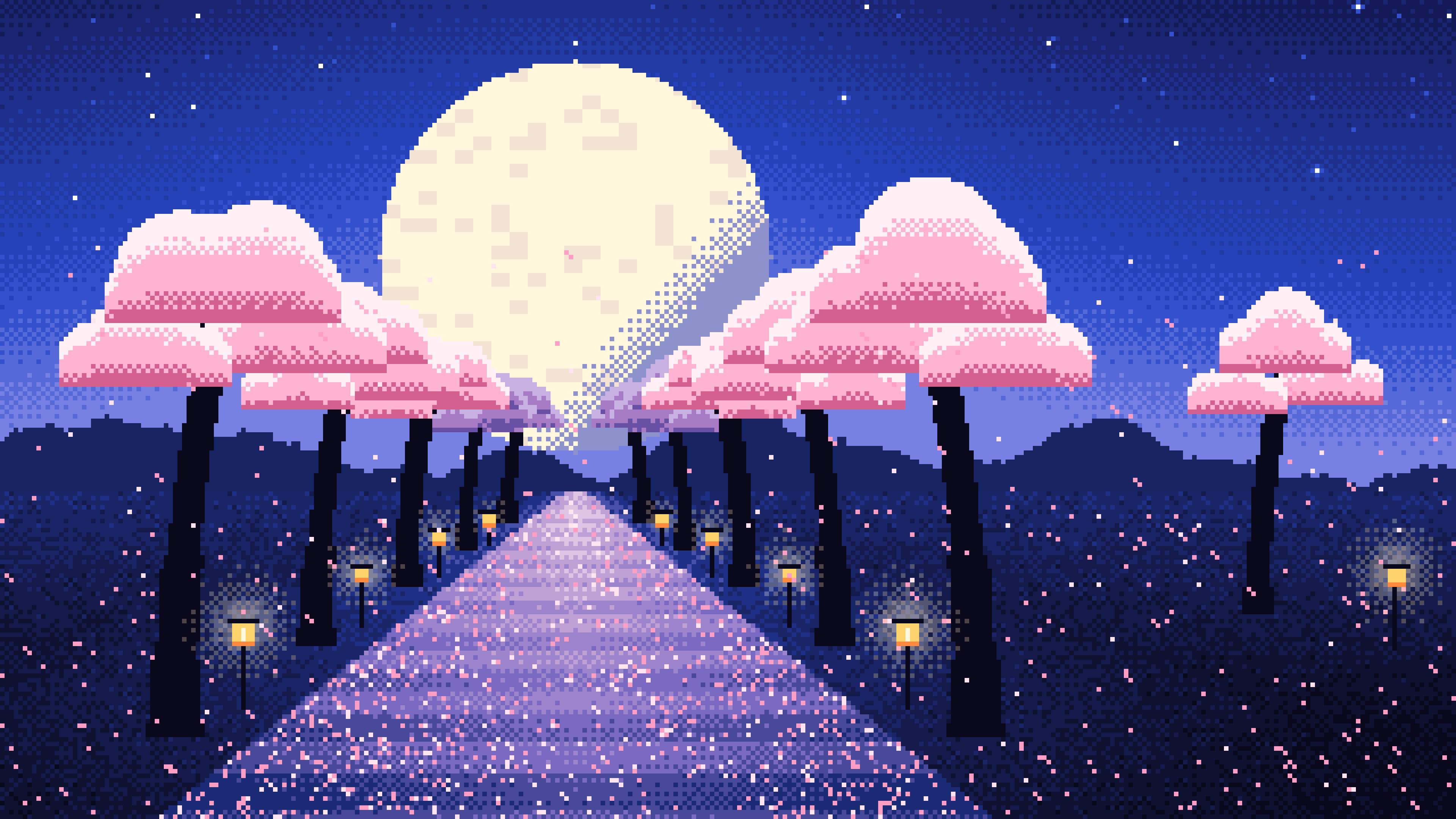 Royal Blue Pixel Art Cherry Blossom Path desktop wallpaper in 4K