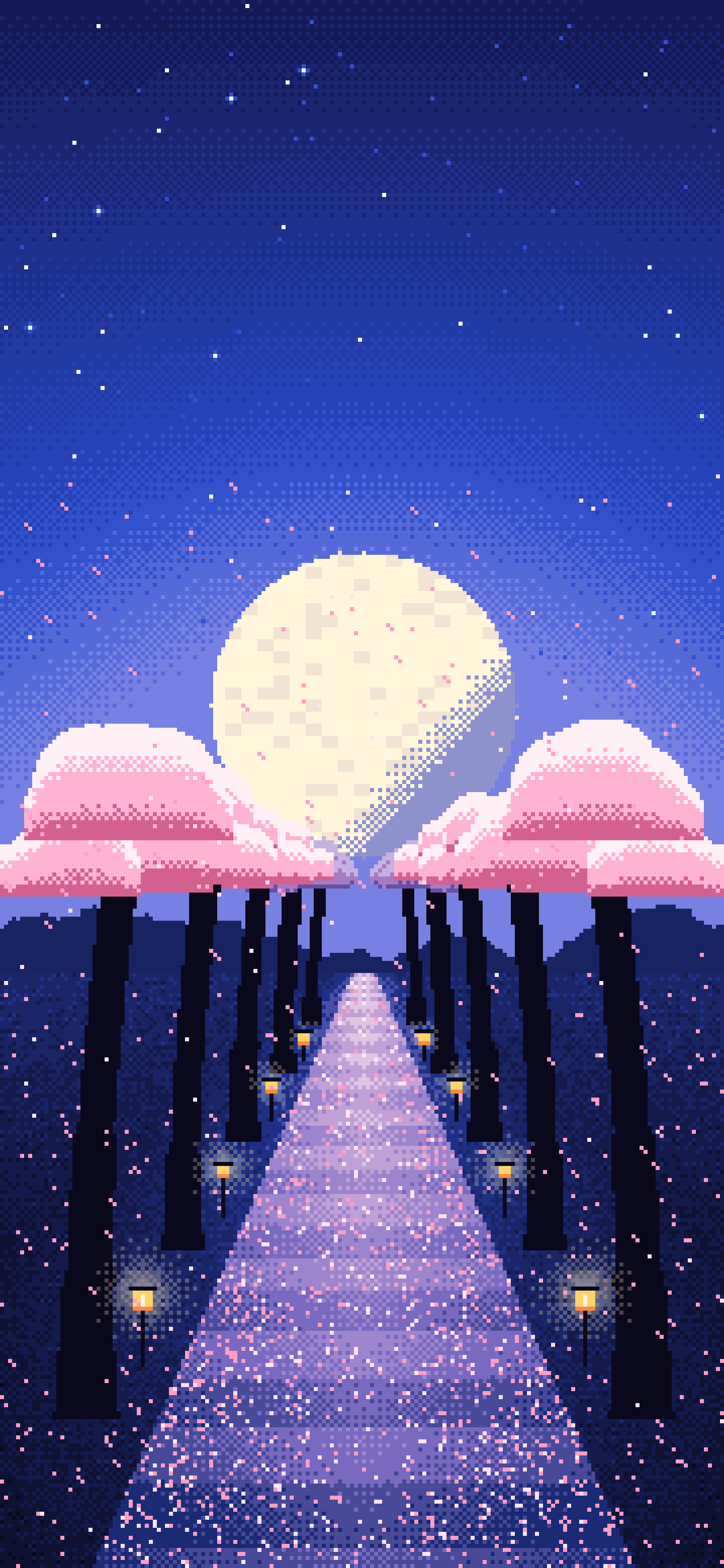 Royal Blue Pixel Art Cherry Blossom Path wallpaper for iPhone and Android