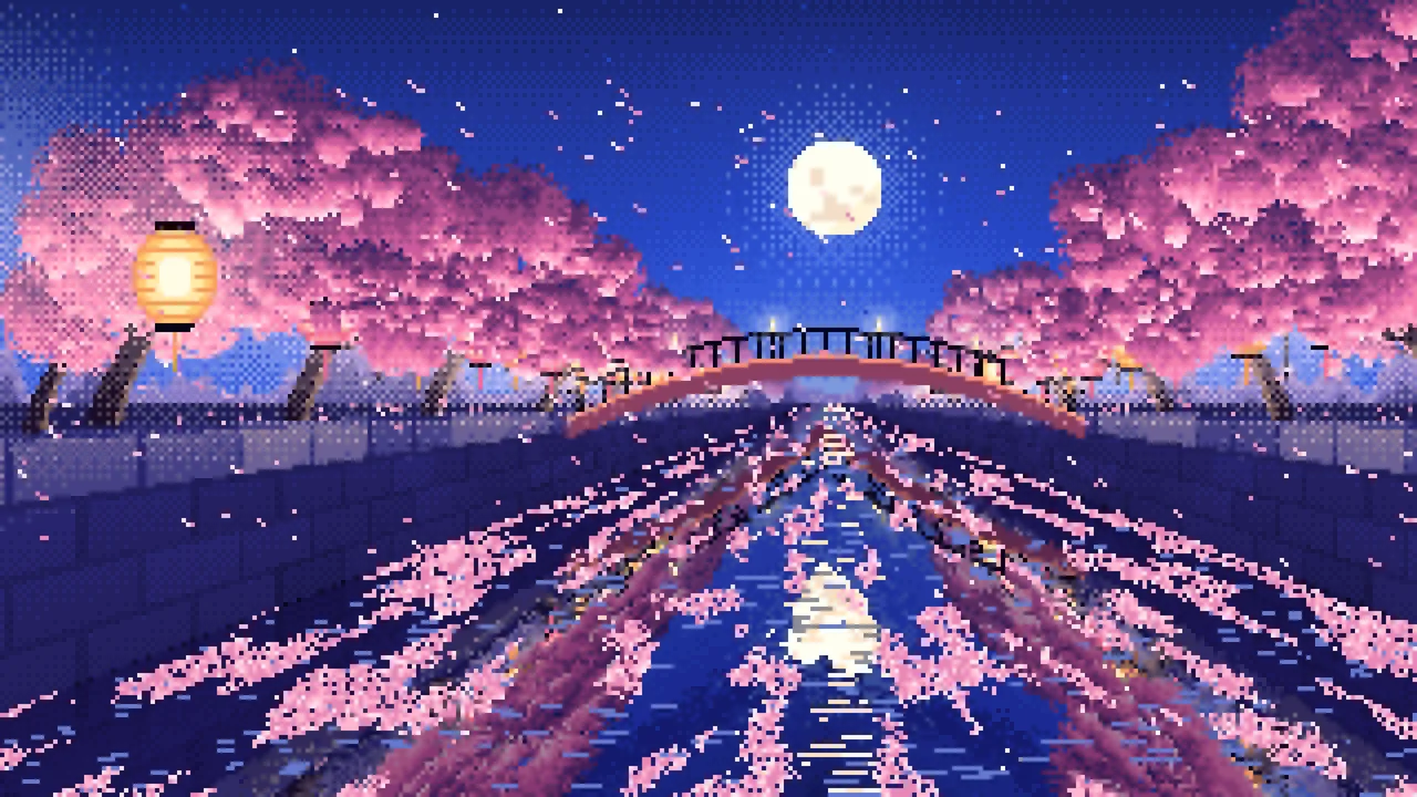 Royal Blue Pixel Art Cherry Blossom River at Night desktop wallpaper in 4K