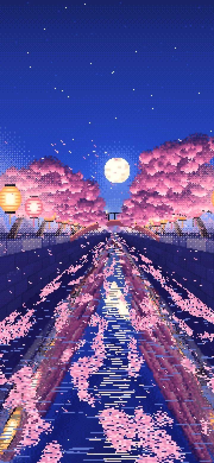 Royal Blue Pixel Art Cherry Blossom River at Night wallpaper for iPhone and Android