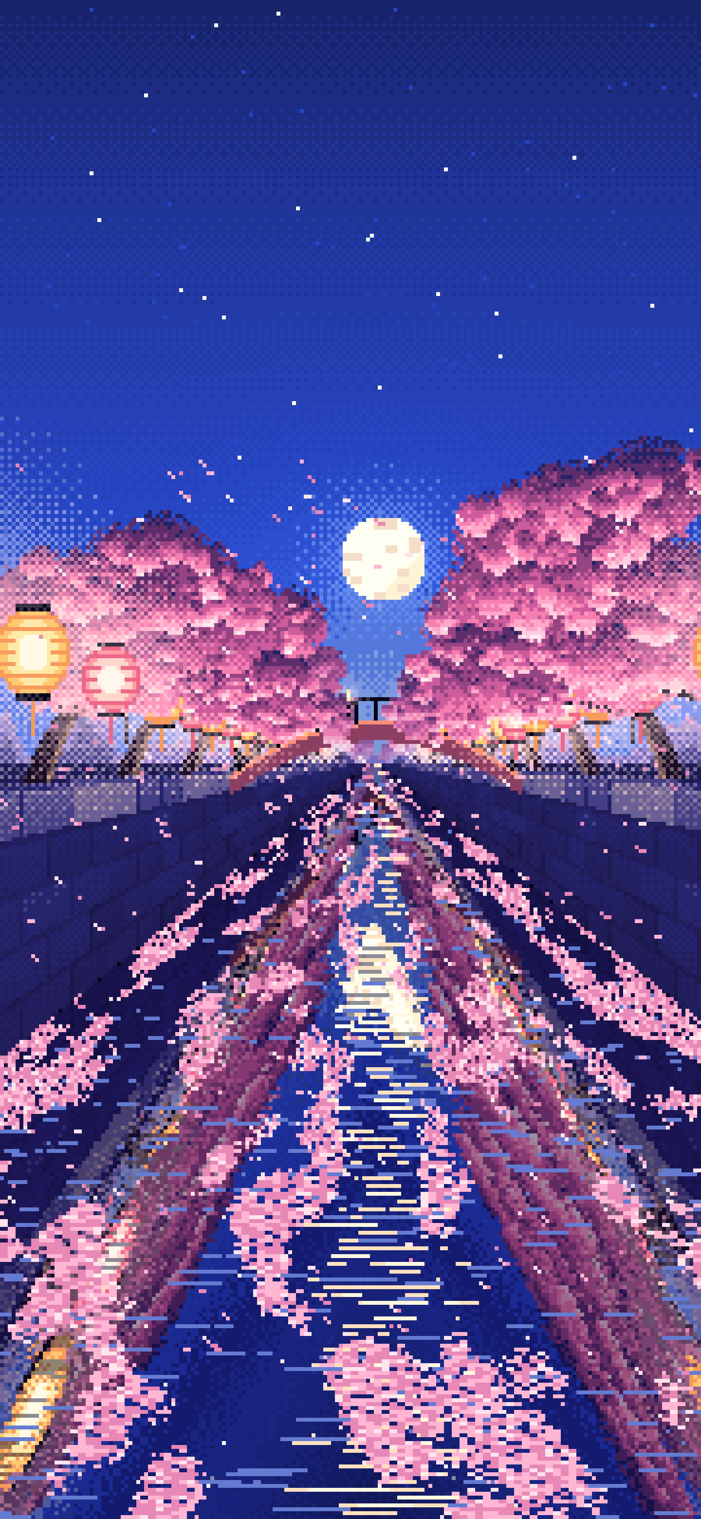 Royal Blue Pixel Art Cherry Blossom River at Night wallpaper for iPhone and Android