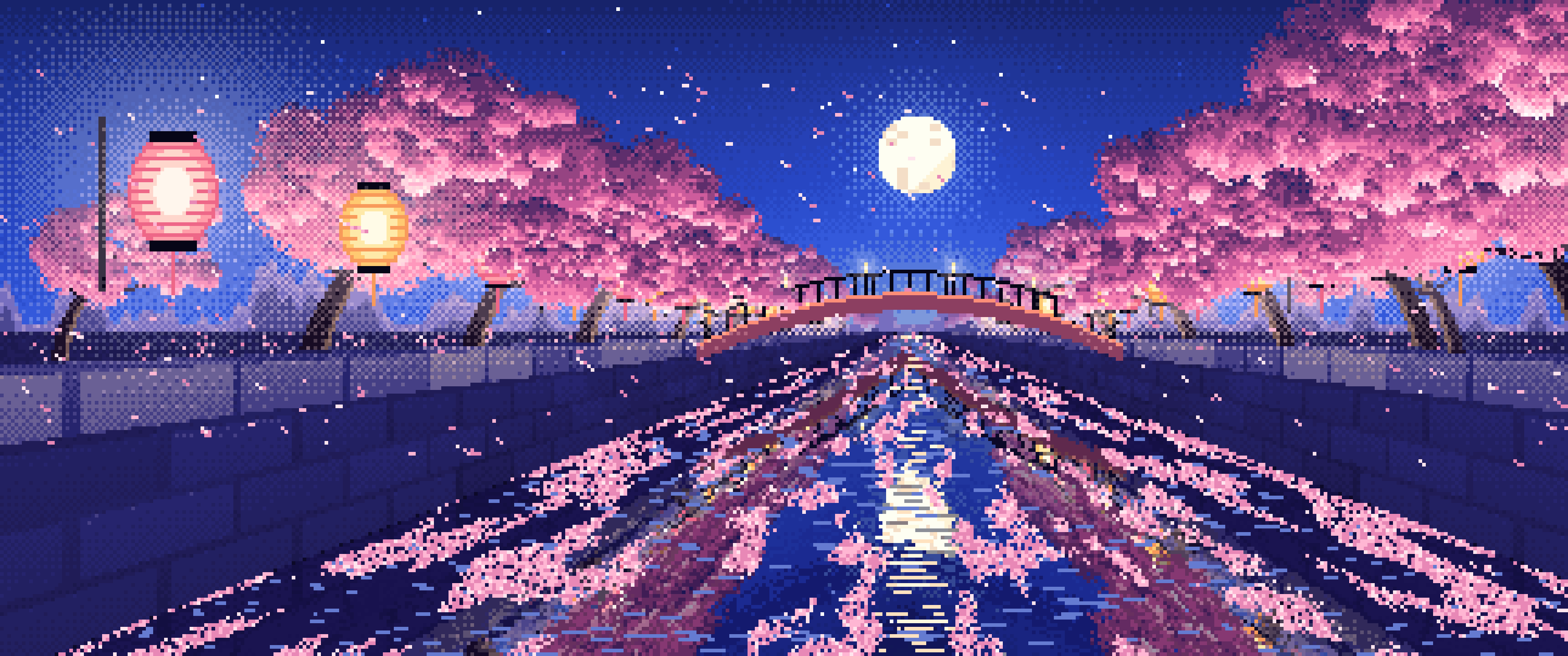Royal Blue Pixel Art Cherry Blossom River at Night ultrawide wallpaper, 3440 × 1440
