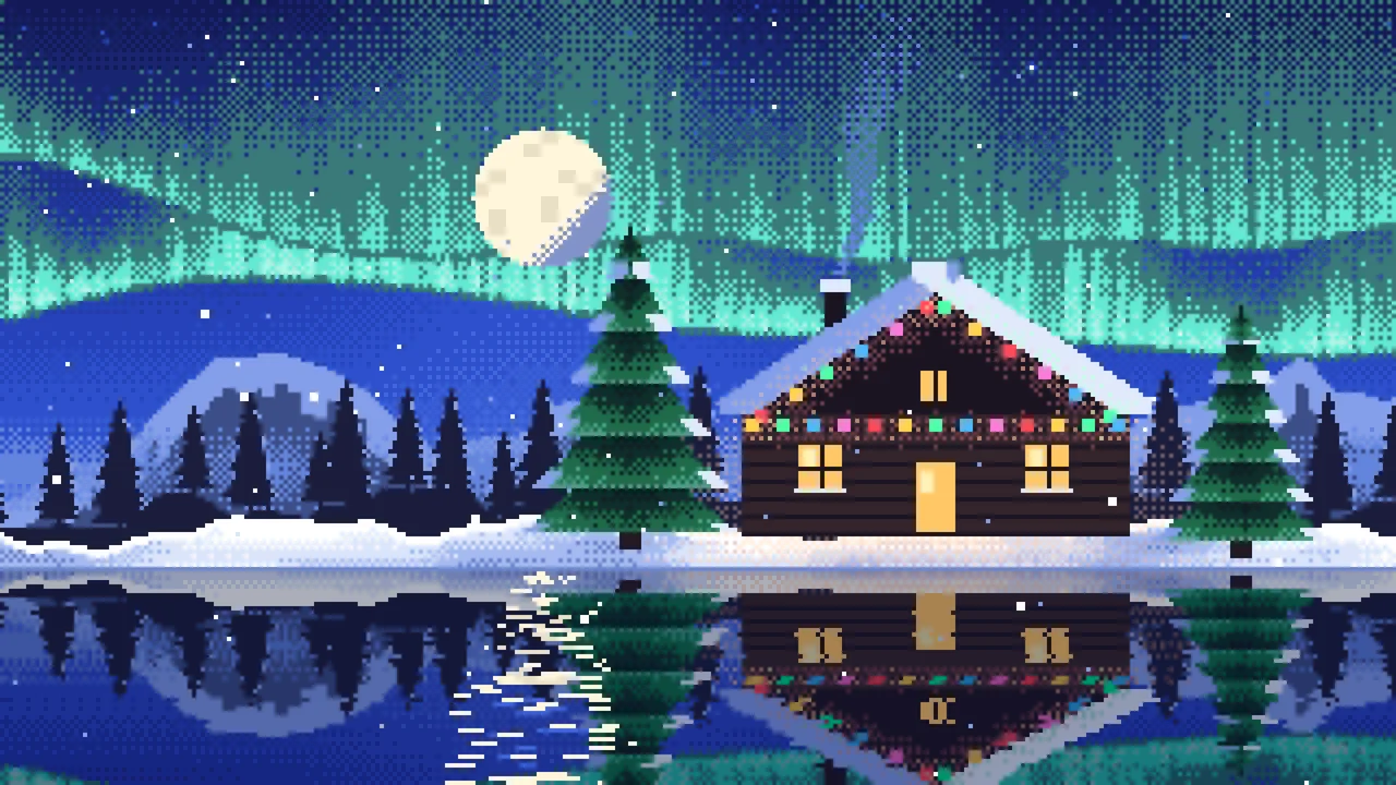 Royal Blue Pixel Art Christmas Cabin desktop wallpaper in 4K