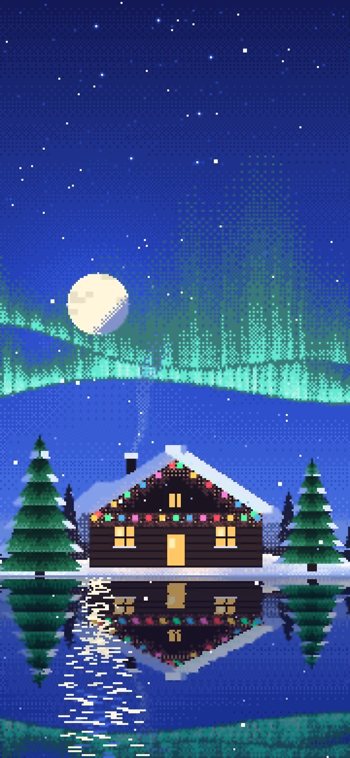 Royal Blue Pixel Art Christmas Cabin wallpaper for iPhone and Android