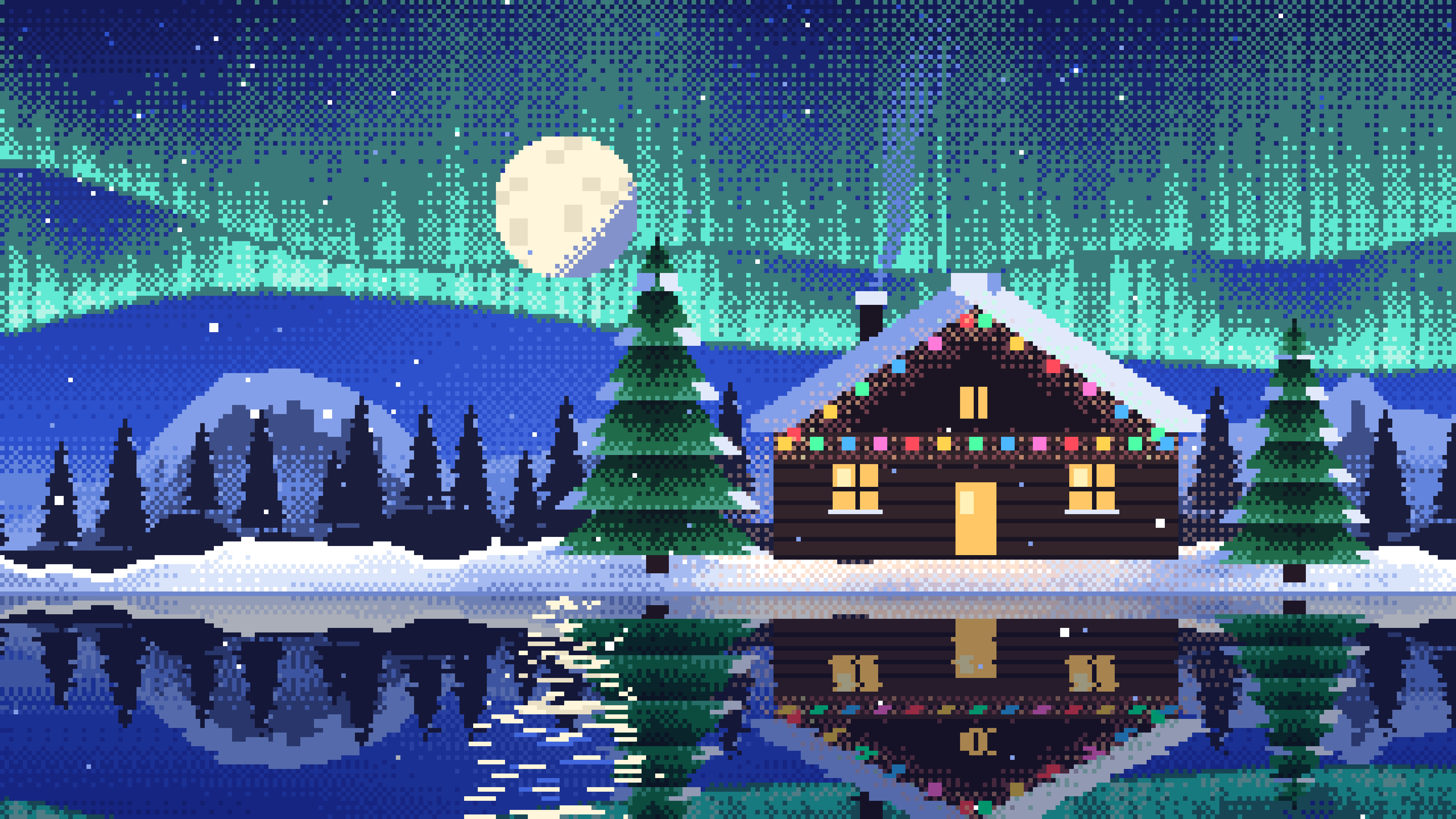 Royal Blue Pixel Art Christmas Cabin desktop wallpaper in 4K