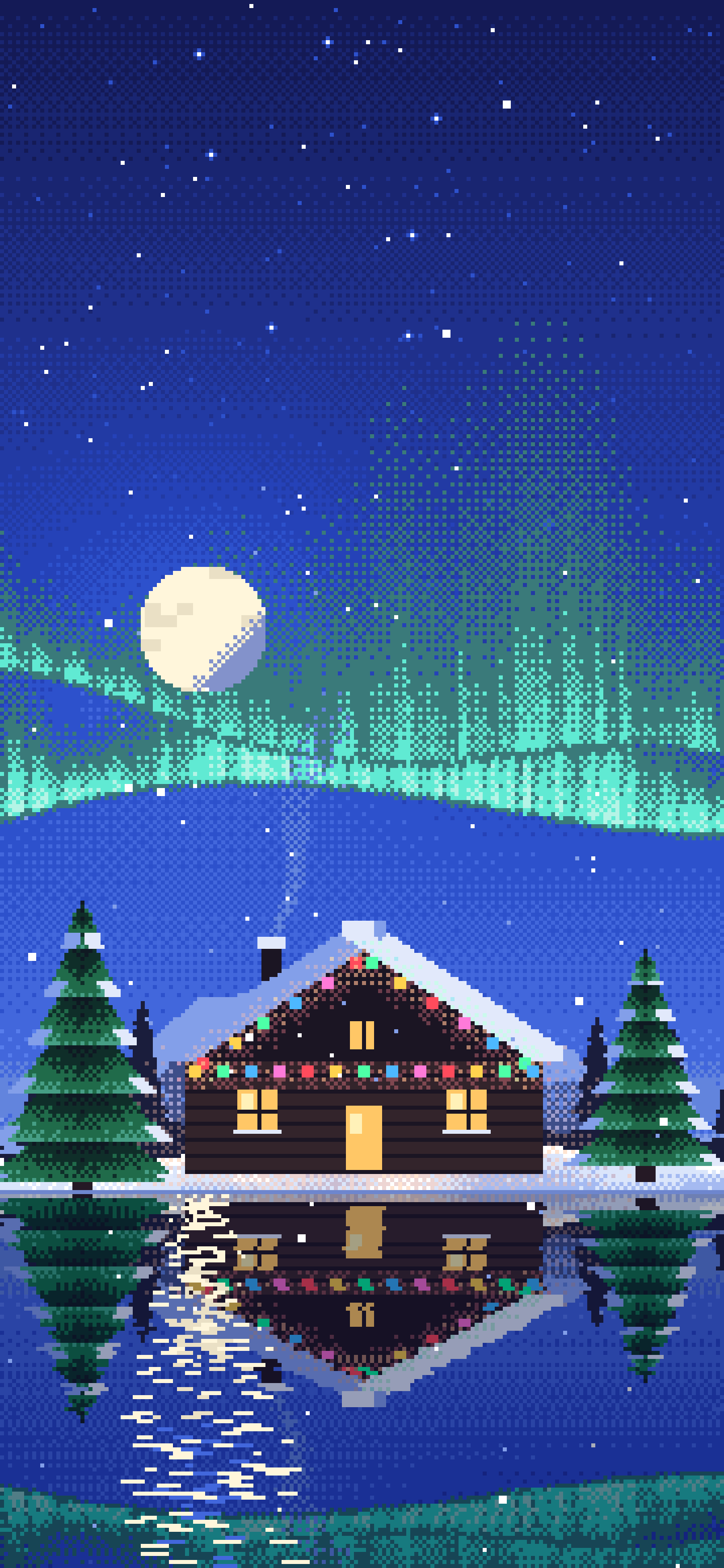 Royal Blue Pixel Art Christmas Cabin wallpaper for iPhone and Android