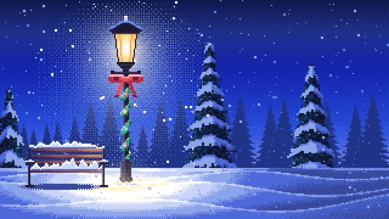 Royal Blue Pixel Art Christmas Lamp Post in the Snow desktop wallpaper in 4K