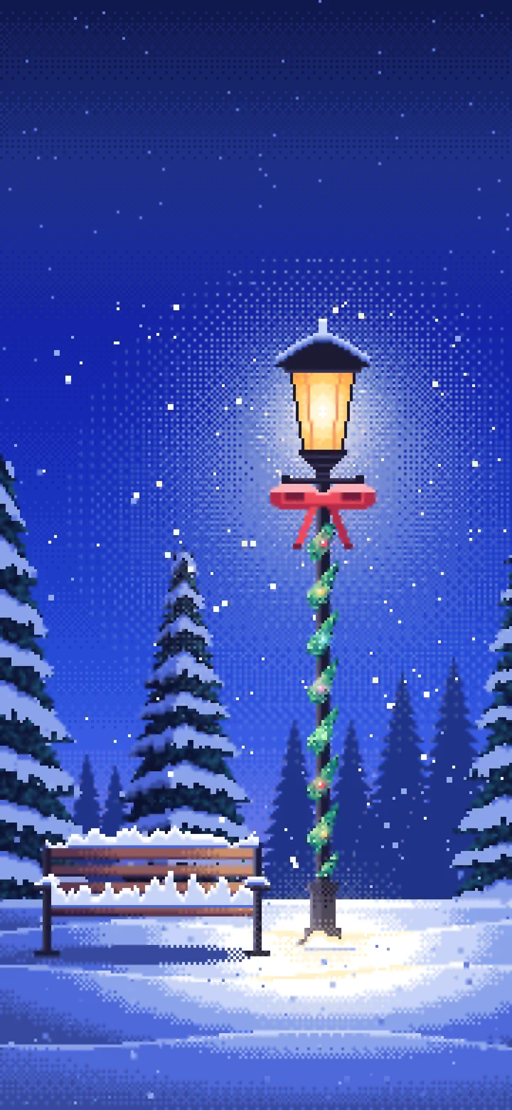 Royal Blue Pixel Art Christmas Lamp Post in the Snow wallpaper for iPhone and Android