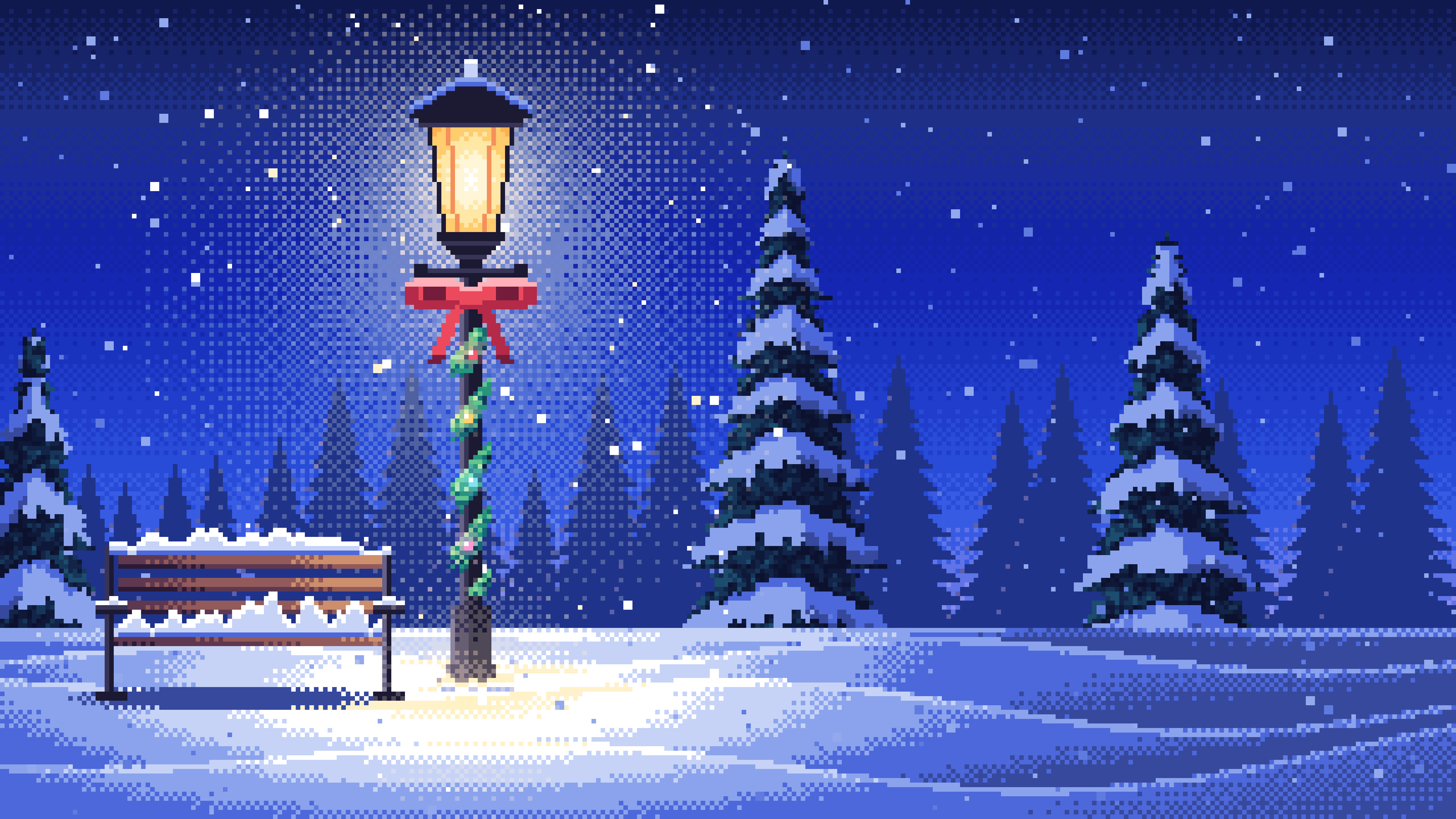 Royal Blue Pixel Art Christmas Lamp Post in the Snow desktop wallpaper in 4K