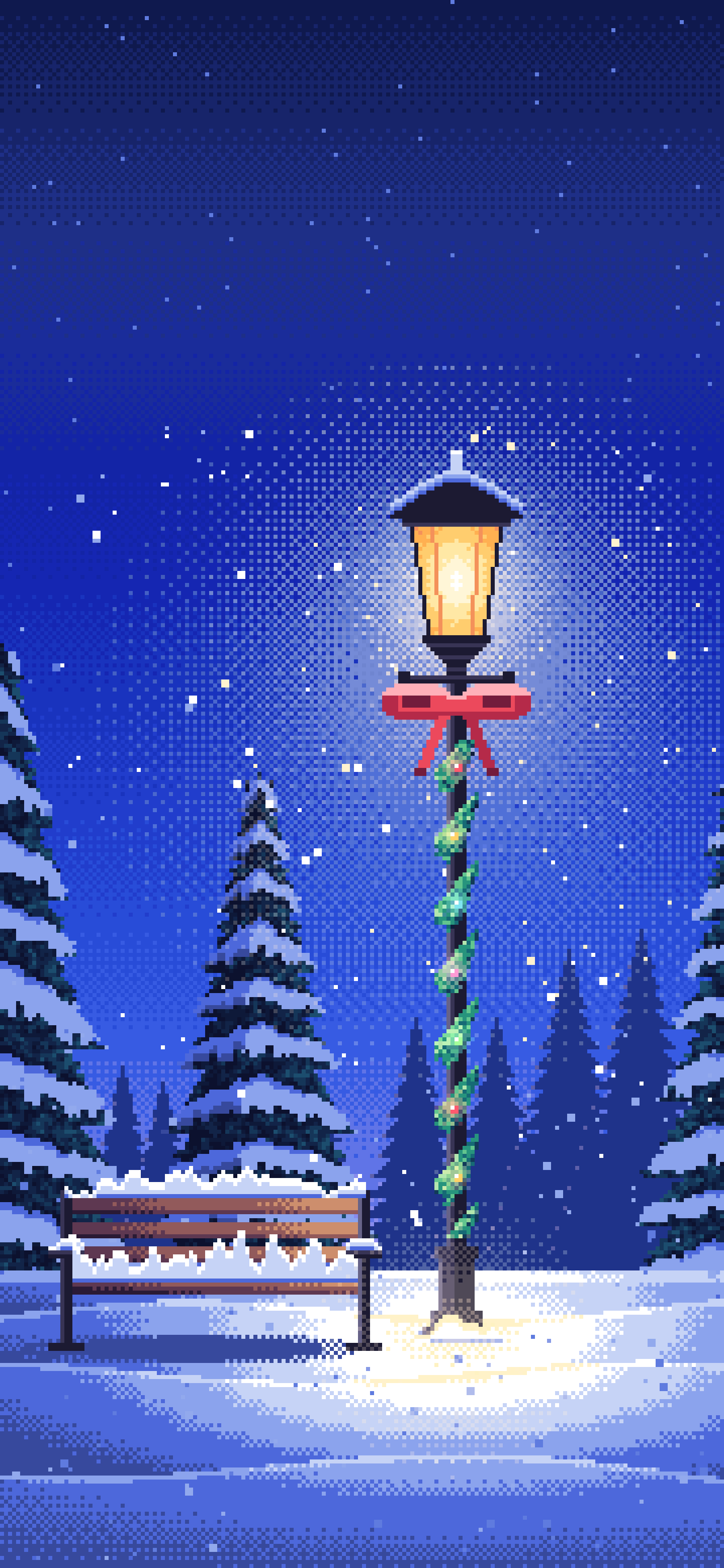 Royal Blue Pixel Art Christmas Lamp Post in the Snow wallpaper for iPhone and Android