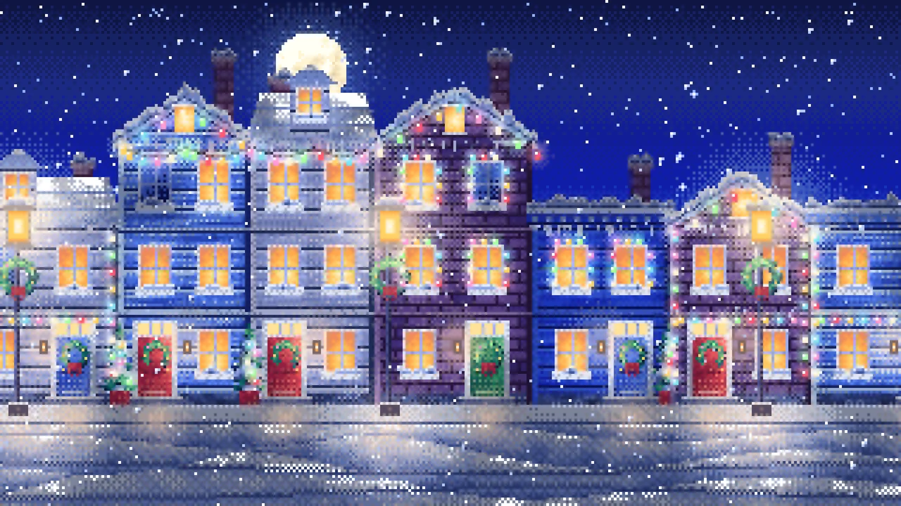 Royal Blue Pixel Art Christmas Lights Street at Night desktop wallpaper in 4K
