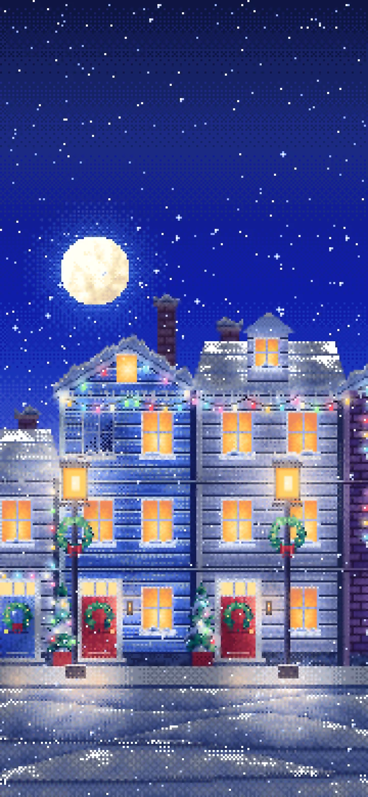 Royal Blue Pixel Art Christmas Lights Street at Night wallpaper for iPhone and Android
