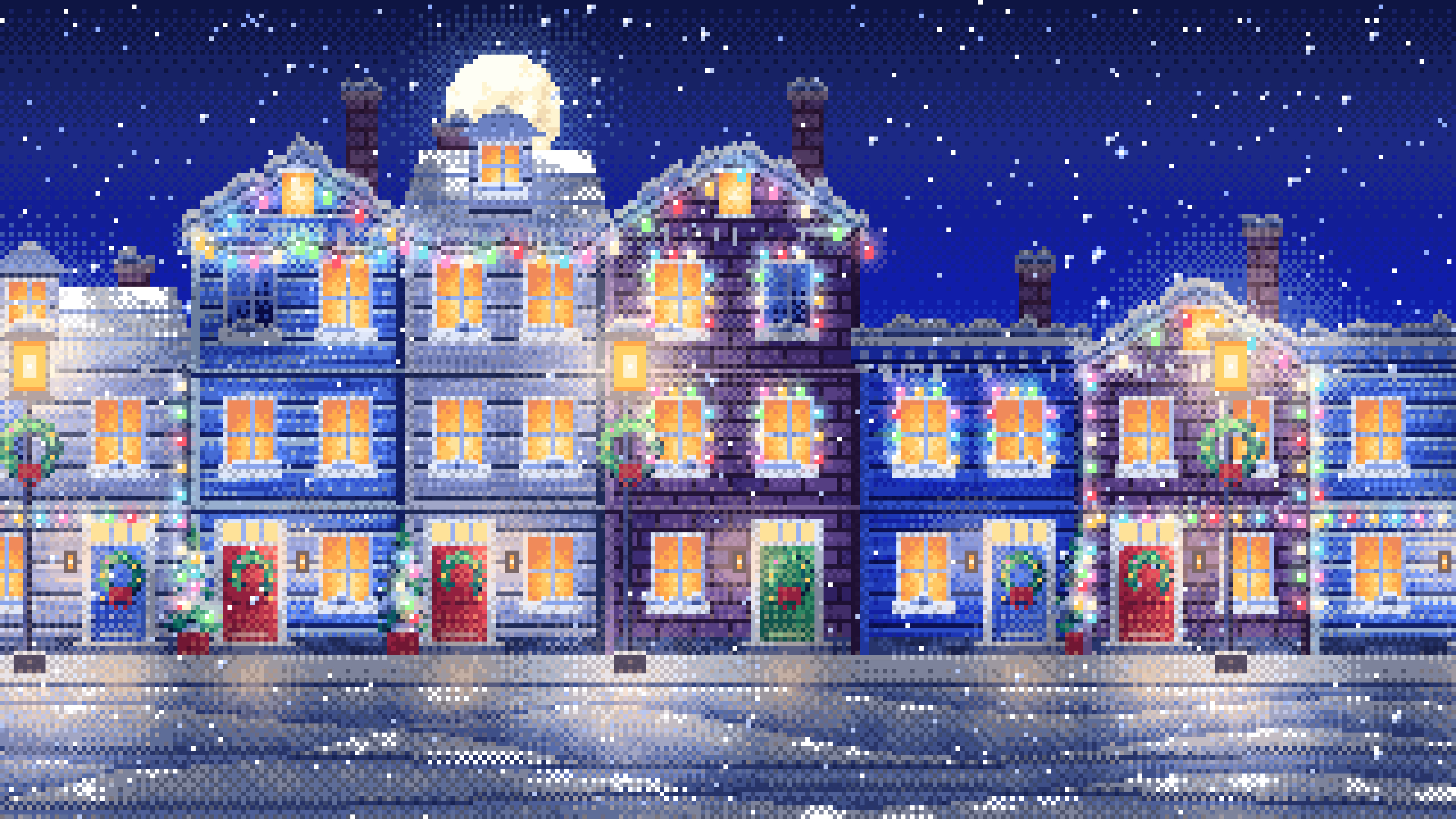 Royal Blue Pixel Art Christmas Lights Street at Night desktop wallpaper in 4K