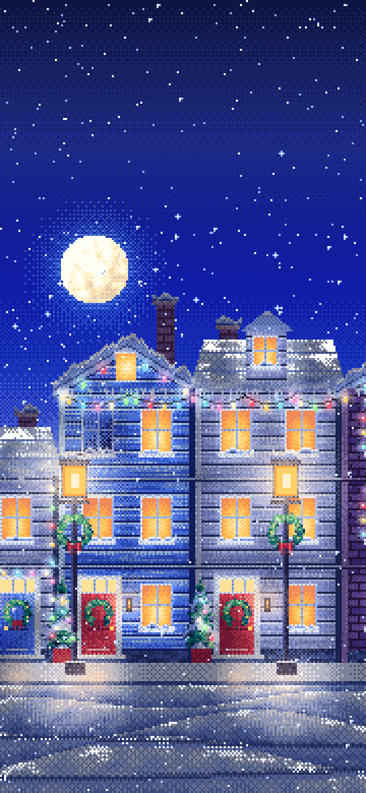 Royal Blue Pixel Art Christmas Lights Street at Night wallpaper for iPhone and Android