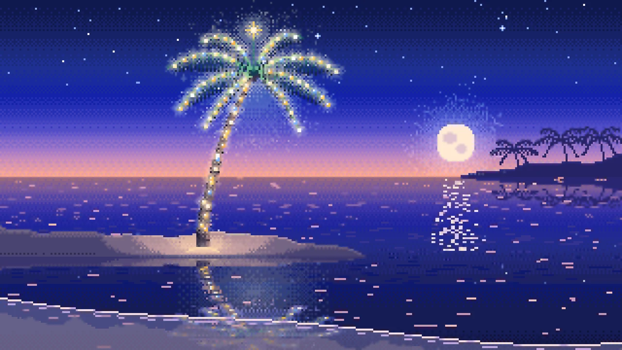 Royal Blue Pixel Art Christmas Palm Tree on the Beach desktop wallpaper in 4K