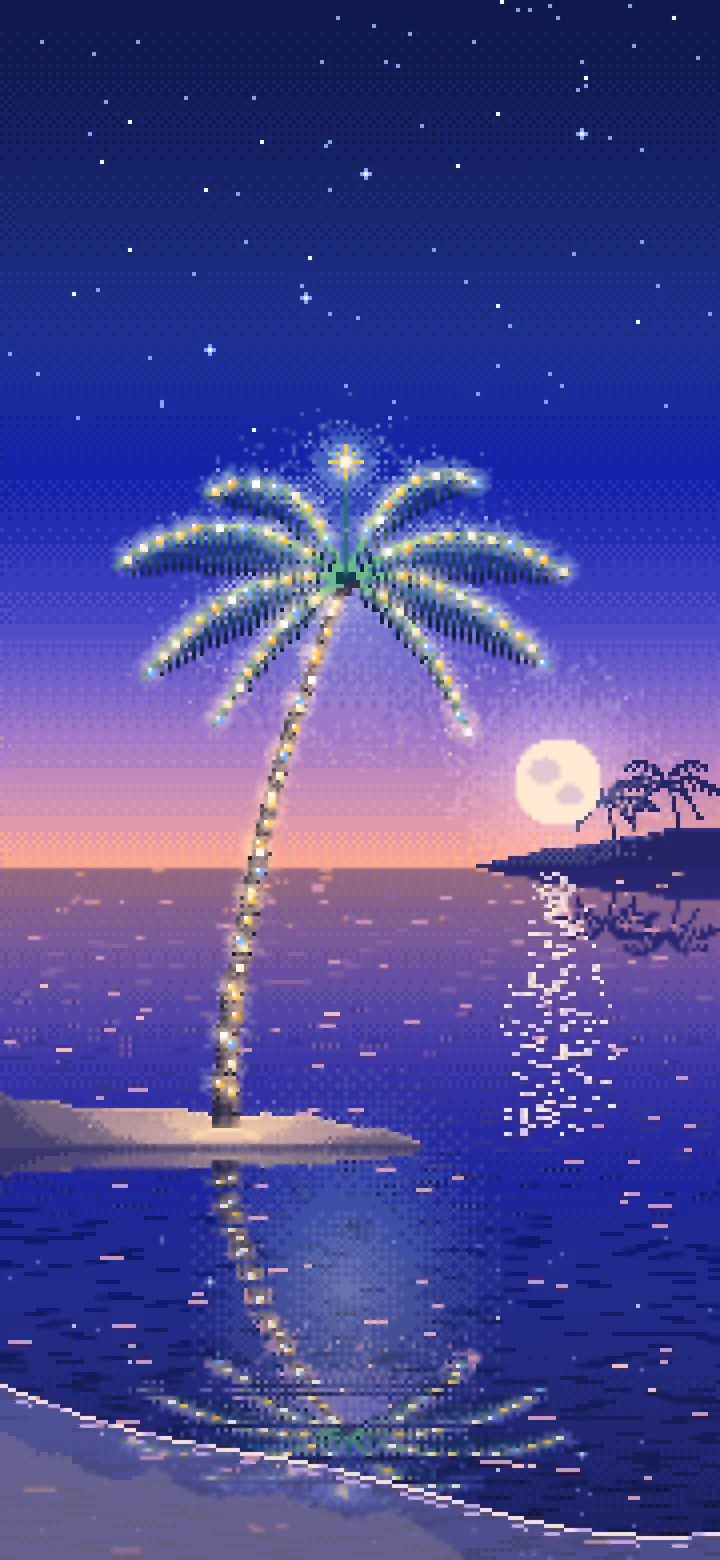 Royal Blue Pixel Art Christmas Palm Tree on the Beach wallpaper for iPhone and Android